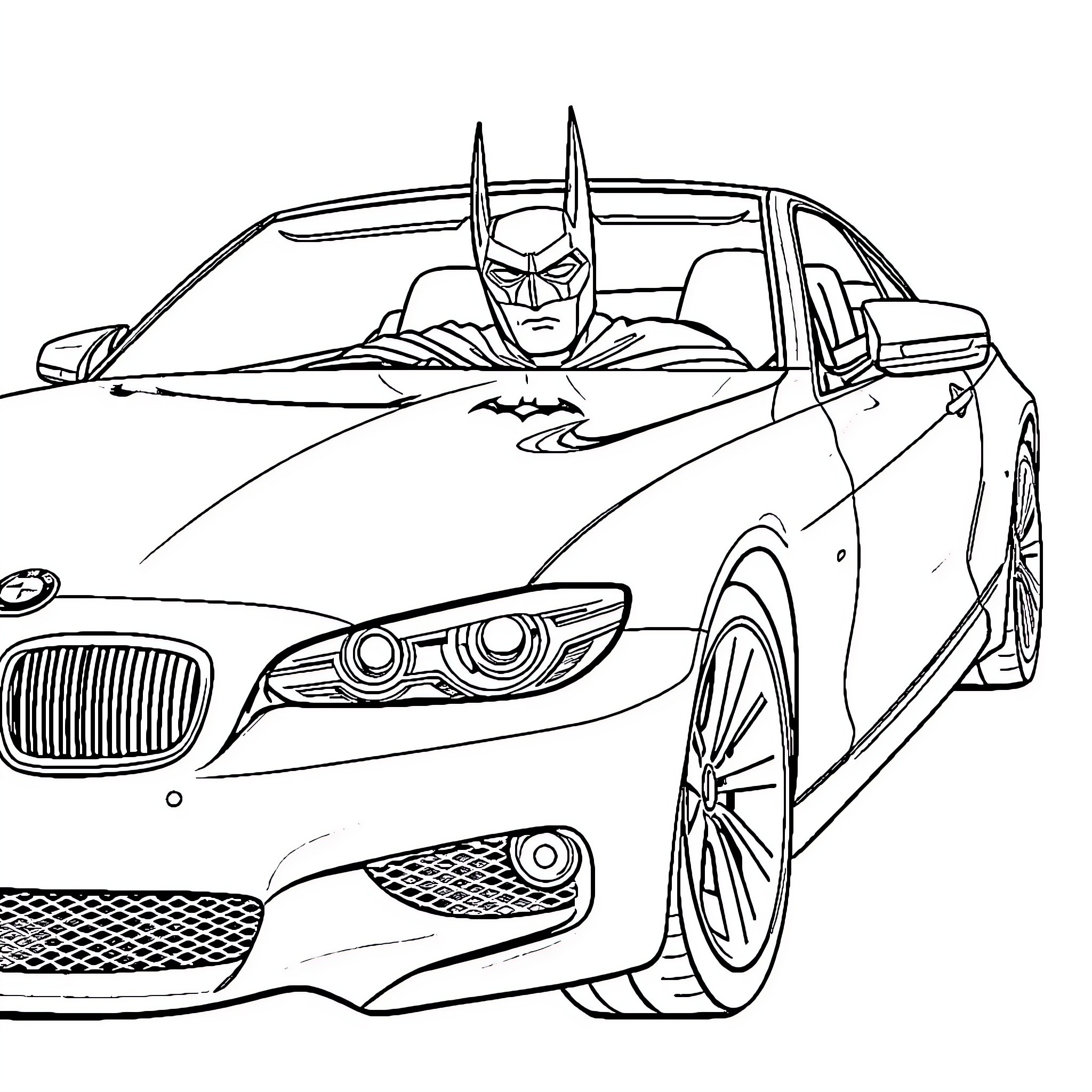 BMW Superhero Car Driving On The Road Coloring Page (free black-and-white line drawing printable PDF for all, from beginners to advanced learners, including children, teens, adults, and seniors)