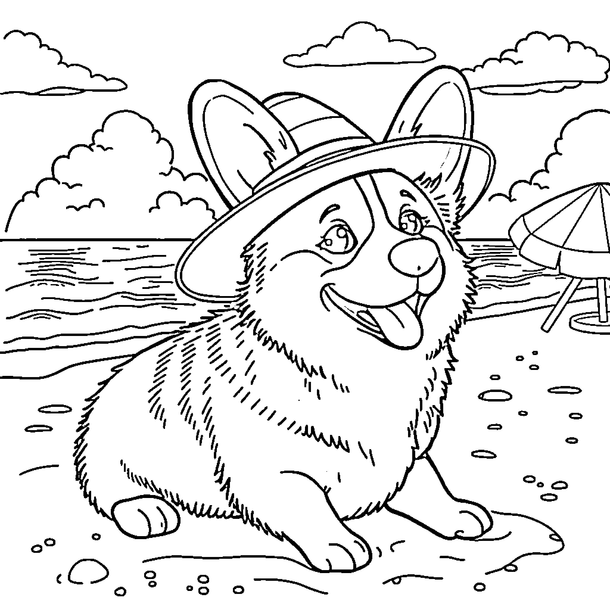 Corgi enjoying a day at the beach Coloring Page (free black-and-white line drawing printable PDF for all, from beginners to advanced learners, including children, teens, adults, and seniors)
