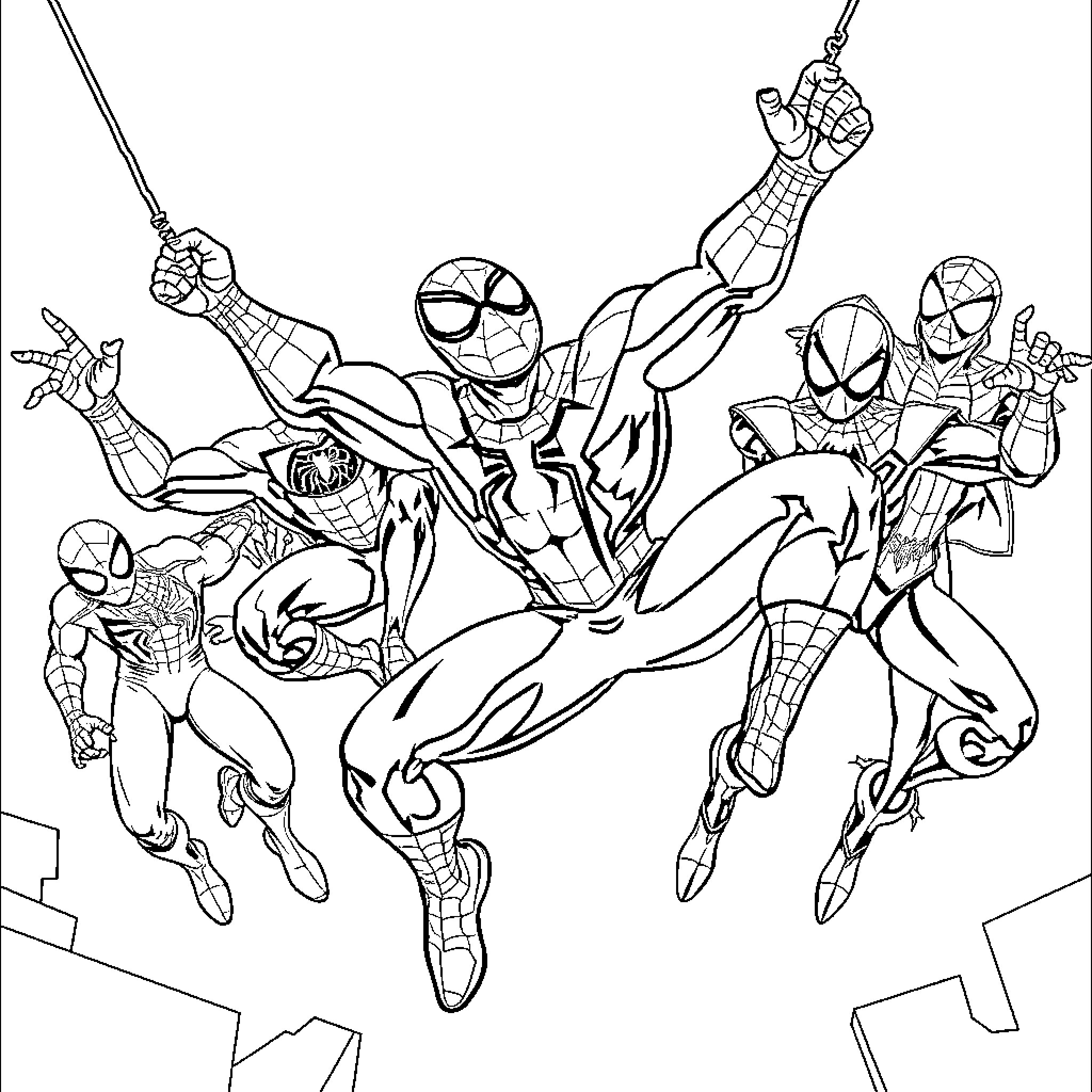 Spiderman and his superhero friends in action-packed adventure Coloring Page (free black-and-white line drawing printable PDF for all, from beginners to advanced learners, including children, teens, adults, and seniors)