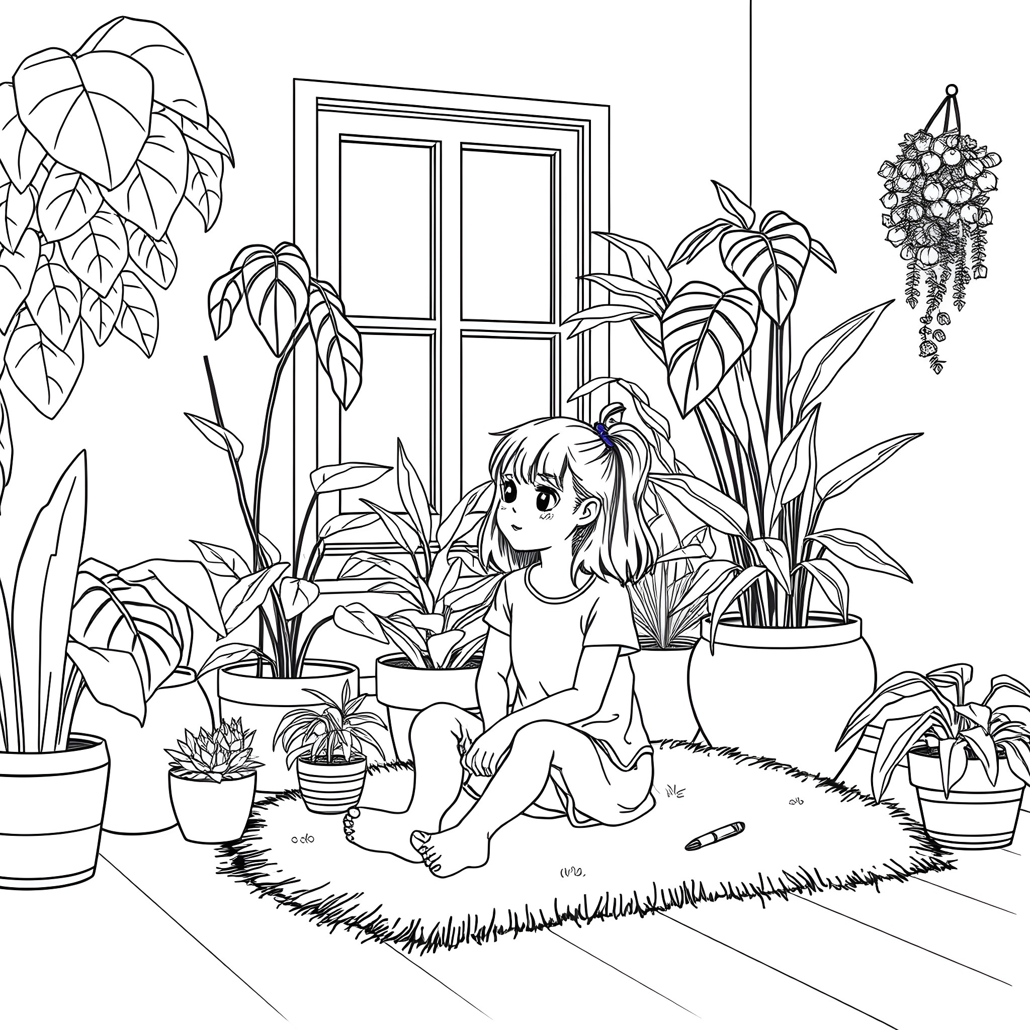 Girl enjoys tranquility in her indoor garden Coloring Page (free black-and-white line drawing printable PDF for all, from beginners to advanced learners, including children, teens, adults, and seniors)