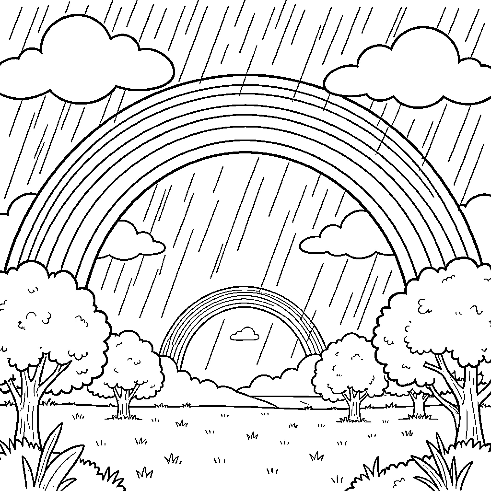 Rainbow Arches Amid Rainy Landscape Coloring Page (free black-and-white line drawing printable PDF for all, from beginners to advanced learners, including children, teens, adults, and seniors)