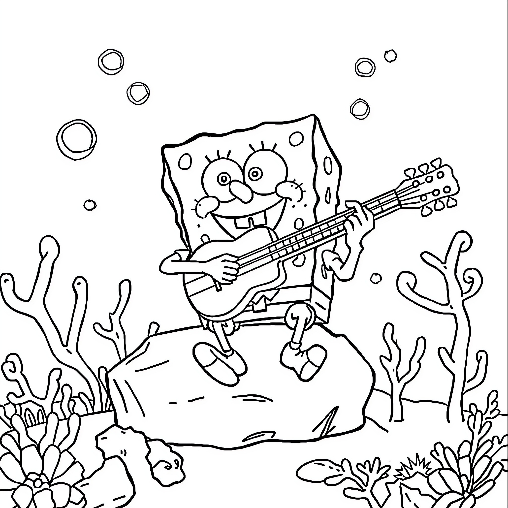 Spongebob playing guitar underwater with coral and bubbles Coloring Page (free black-and-white line drawing printable PDF for all, from beginners to advanced learners, including children, teens, adults, and seniors)