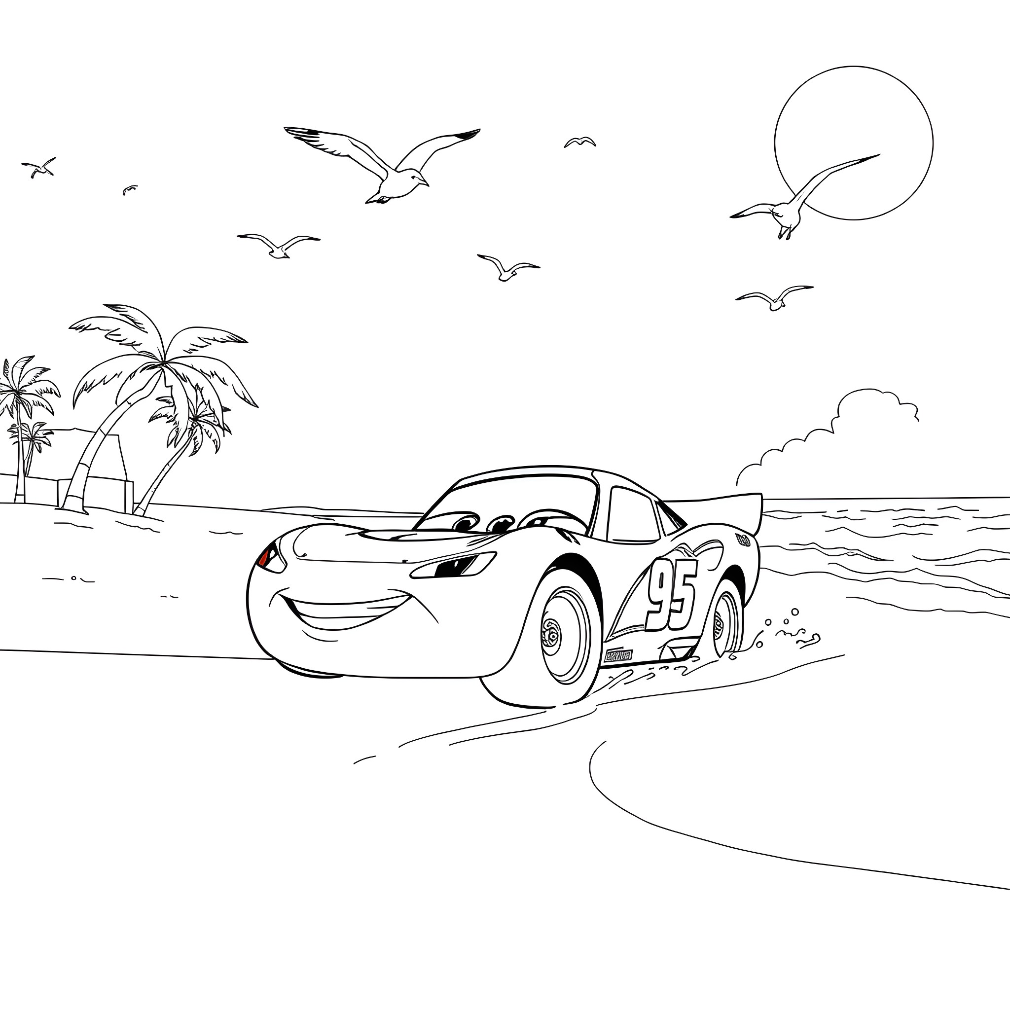 Lightning McQueen races along the tropical beach Coloring Page (free black-and-white line drawing printable PDF for all, from beginners to advanced learners, including children, teens, adults, and seniors)