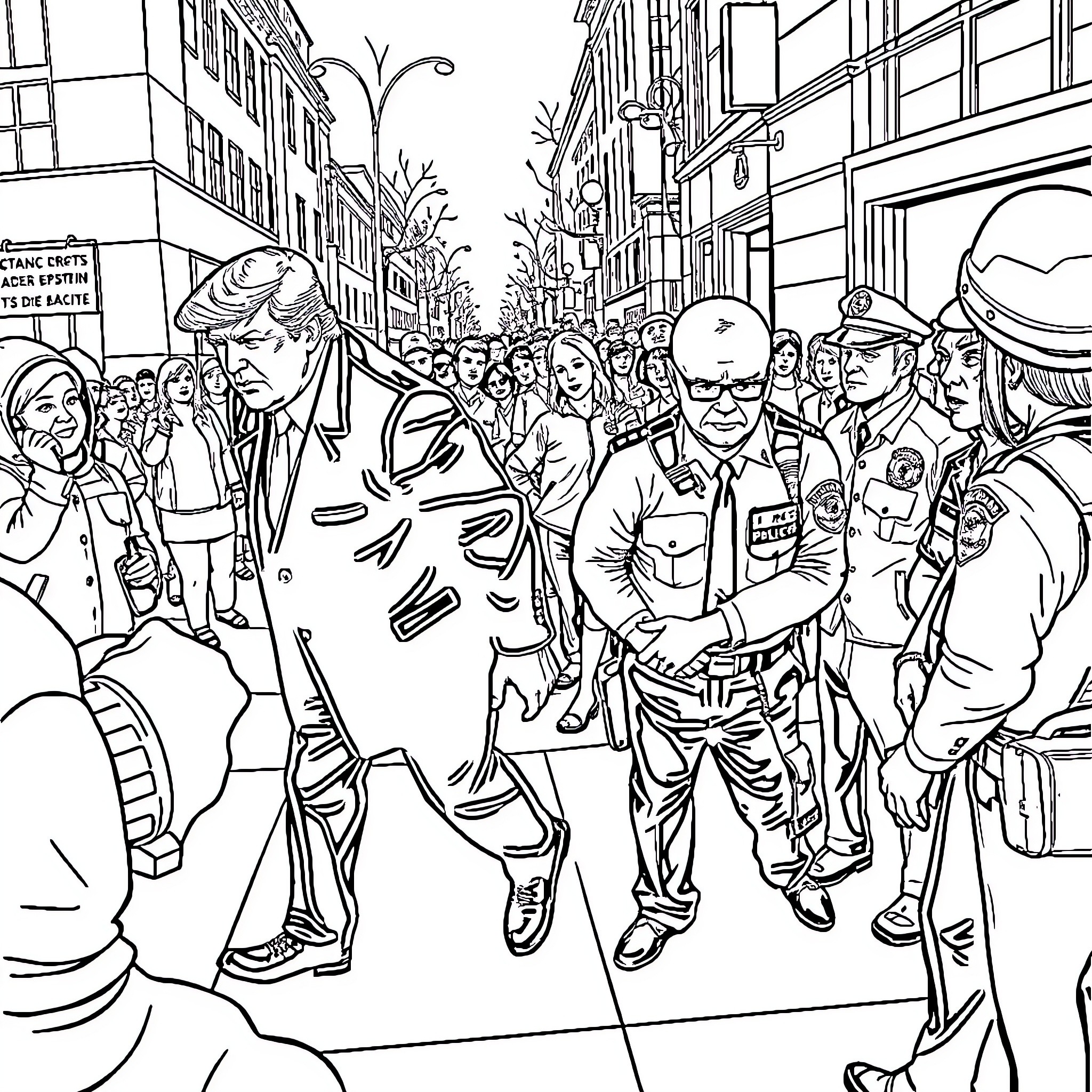 Donald Trump Surrounded by Protesters and Police Coloring Page (free black-and-white line drawing printable PDF for all, from beginners to advanced learners, including children, teens, adults, and seniors)