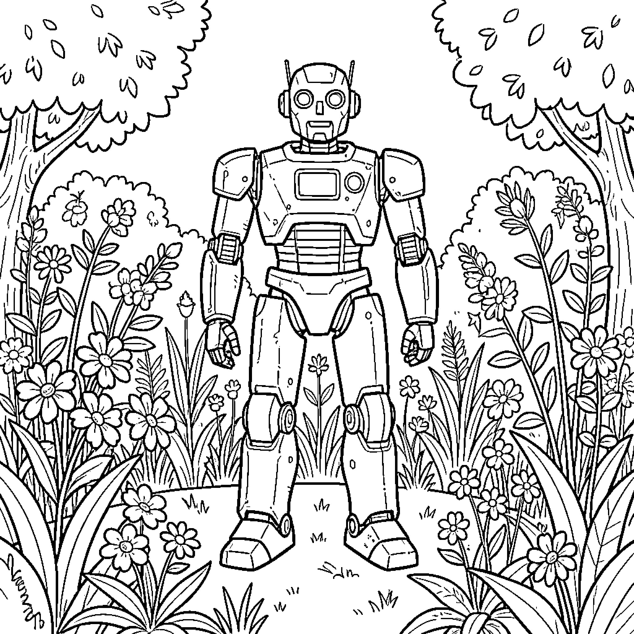 Robot standing calmly amidst a lush flower garden Coloring Page (free black-and-white line drawing printable PDF for all, from beginners to advanced learners, including children, teens, adults, and seniors)