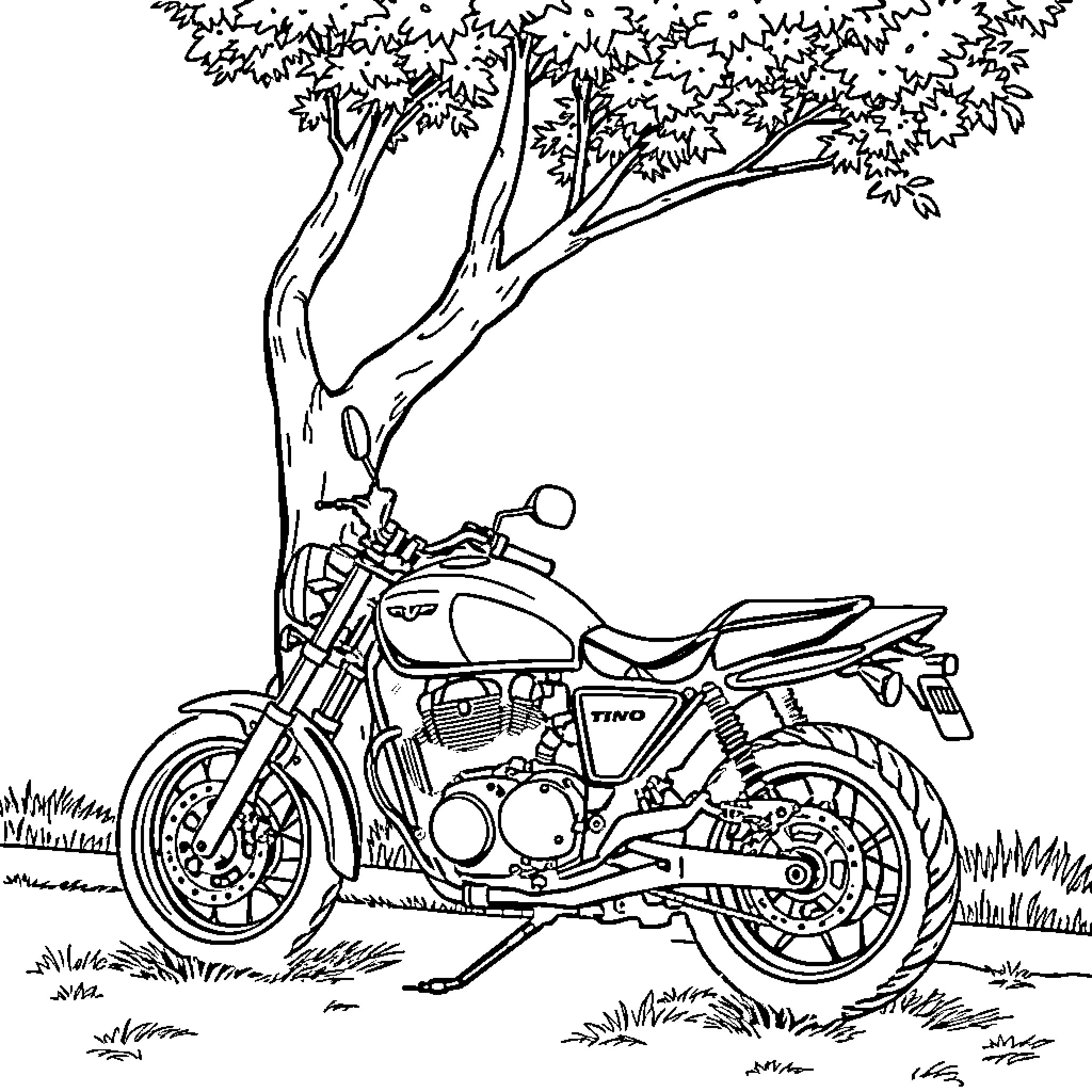 Motorcycle resting under the shady tree Coloring Page (free black-and-white line drawing printable PDF for all, from beginners to advanced learners, including children, teens, adults, and seniors)