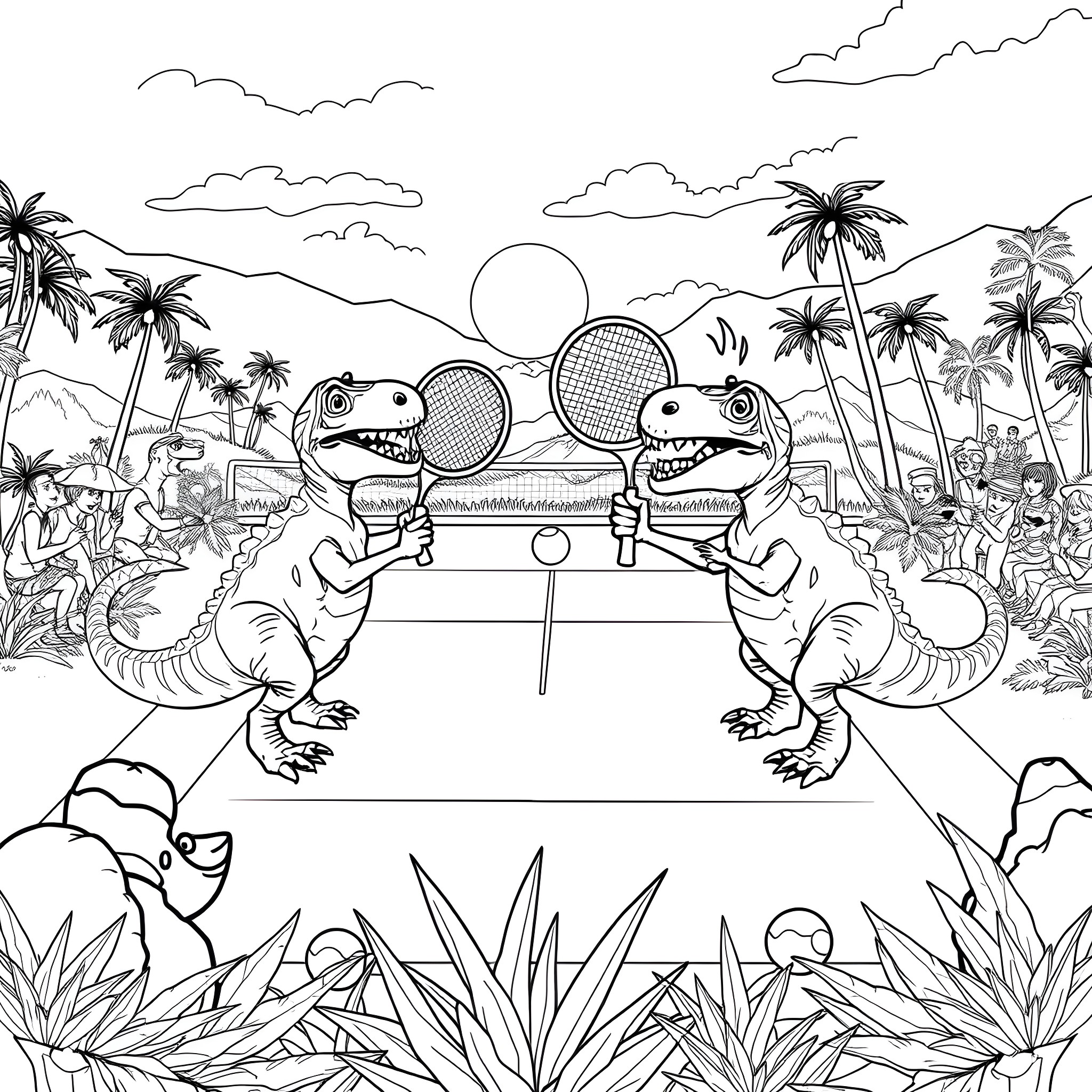 Dino Tennis Showdown in Tropical Paradise Coloring Page (free black-and-white line drawing printable PDF for all, from beginners to advanced learners, including children, teens, adults, and seniors)