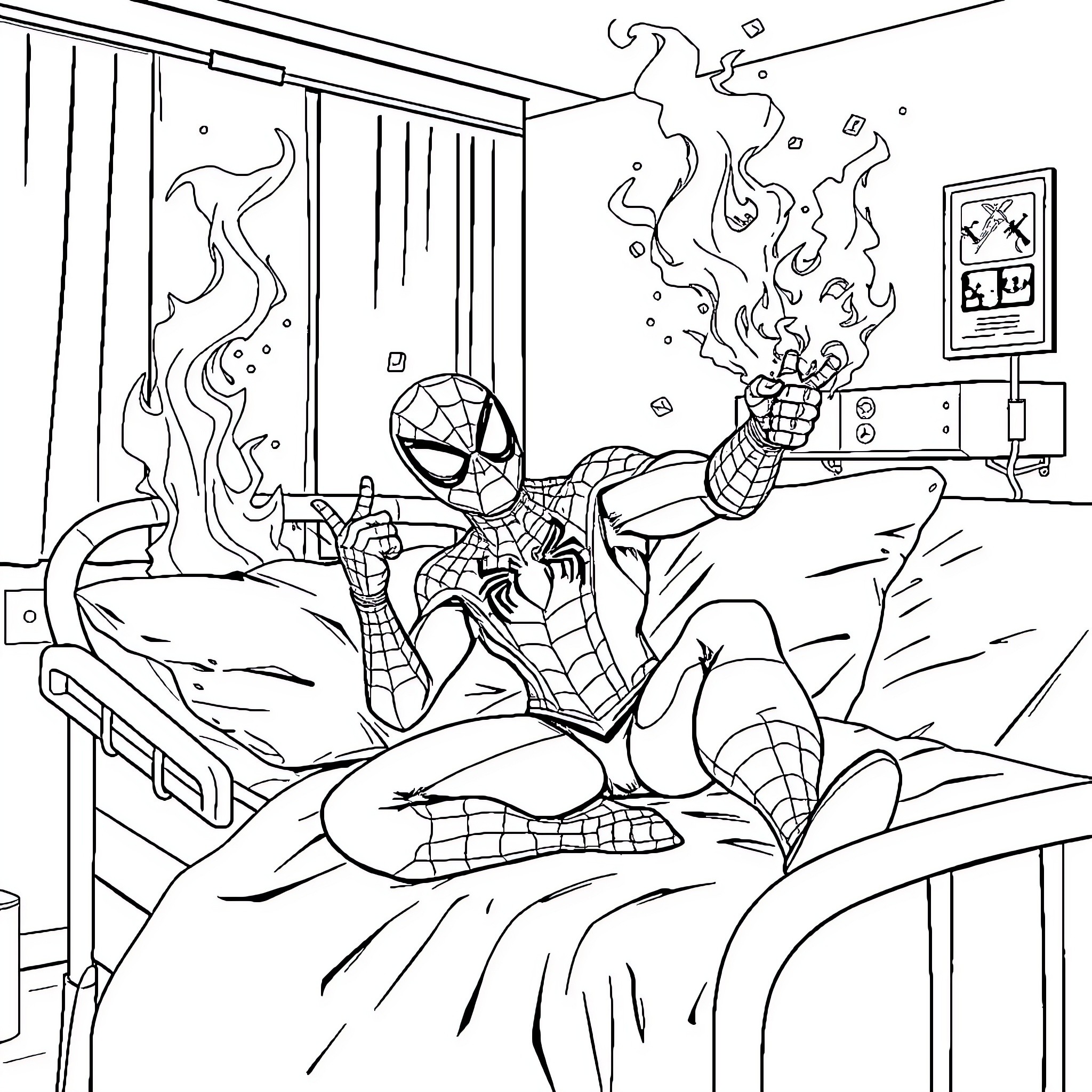 Spiderman in Heated Pursuit Coloring Page (free black-and-white line drawing printable PDF for all, from beginners to advanced learners, including children, teens, adults, and seniors)