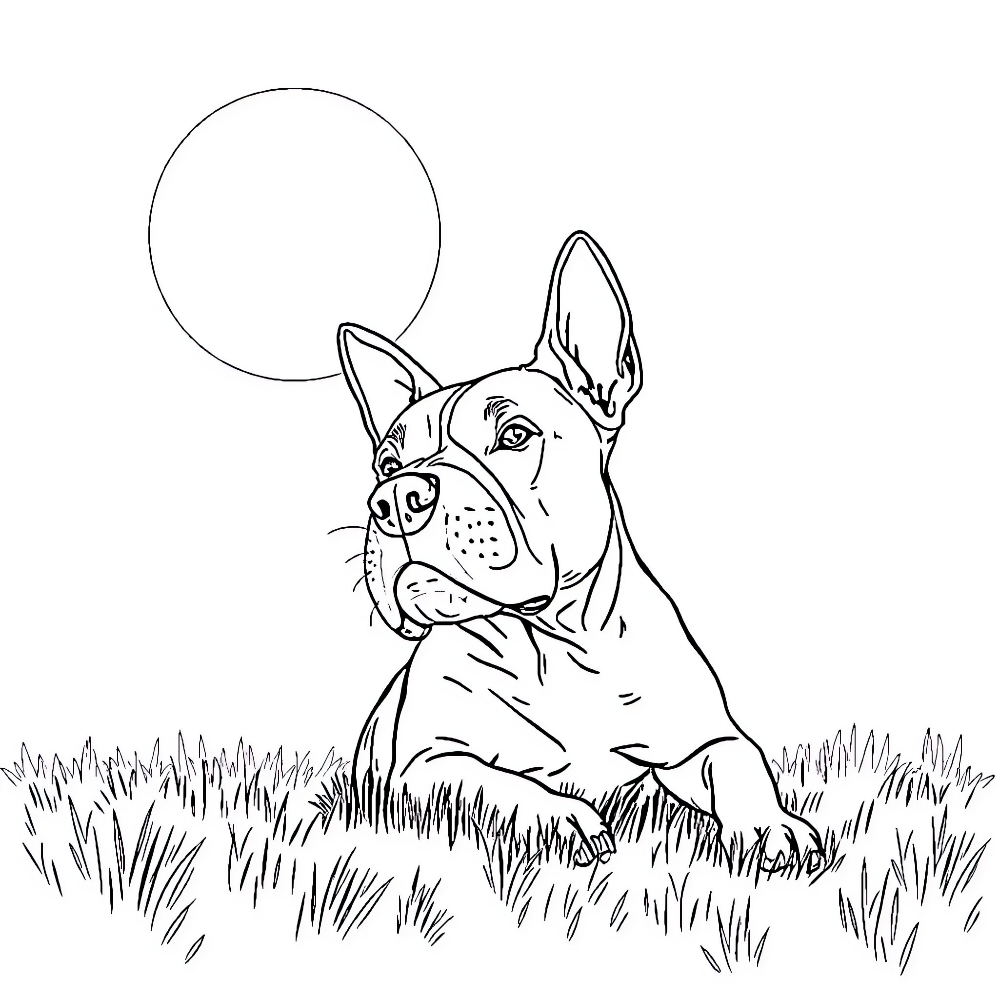 Bull Terrier playing joyfully in the meadow Coloring Page (free black-and-white line drawing printable PDF for all, from beginners to advanced learners, including children, teens, adults, and seniors)