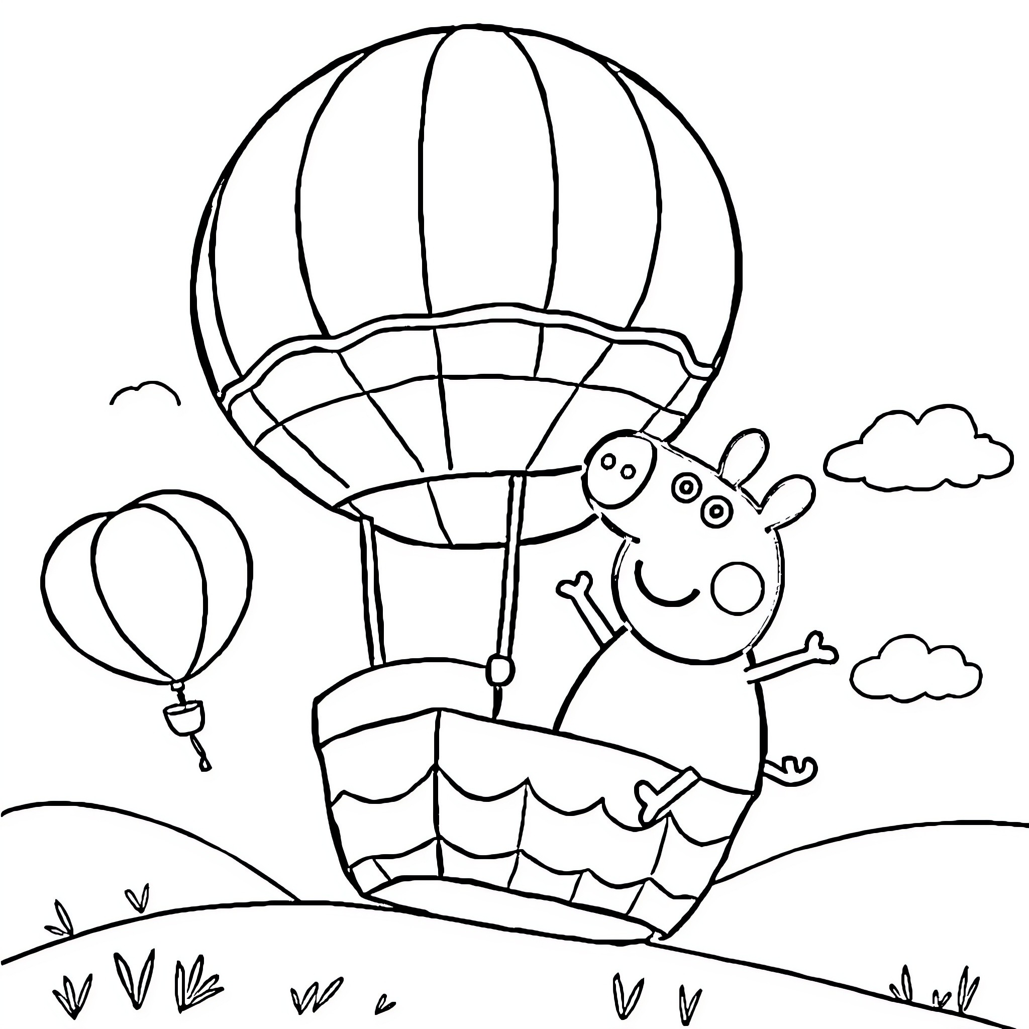 Peppa Pig enjoys hot air balloon ride Coloring Page (free black-and-white line drawing printable PDF for all, from beginners to advanced learners, including children, teens, adults, and seniors)