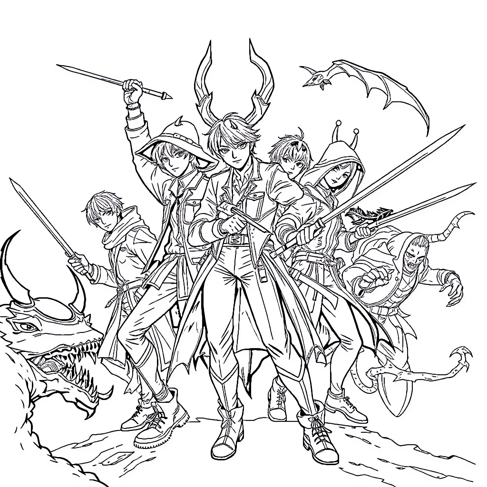 Saja Boys Heroic Adventure in the Fantastical Realm Coloring Page (free black-and-white line drawing printable PDF for all, from beginners to advanced learners, including children, teens, adults, and seniors)