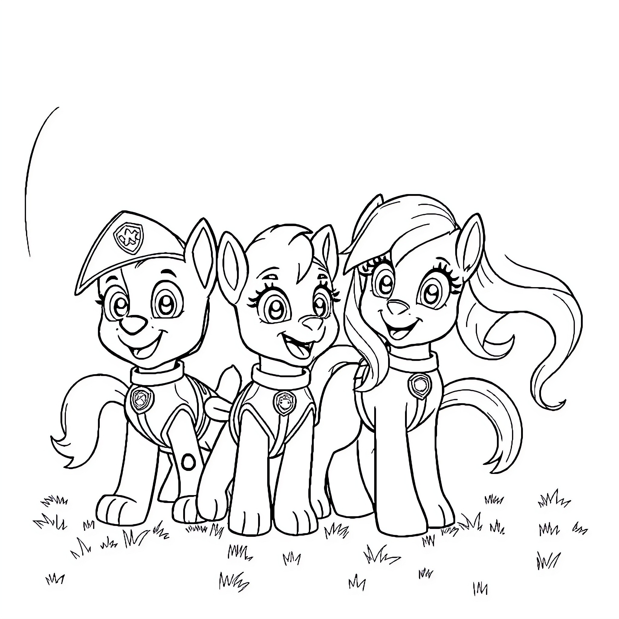 Pony Patrol Pals Posing for a Picture Coloring Page (free black-and-white line drawing printable PDF for all, from beginners to advanced learners, including children, teens, adults, and seniors)