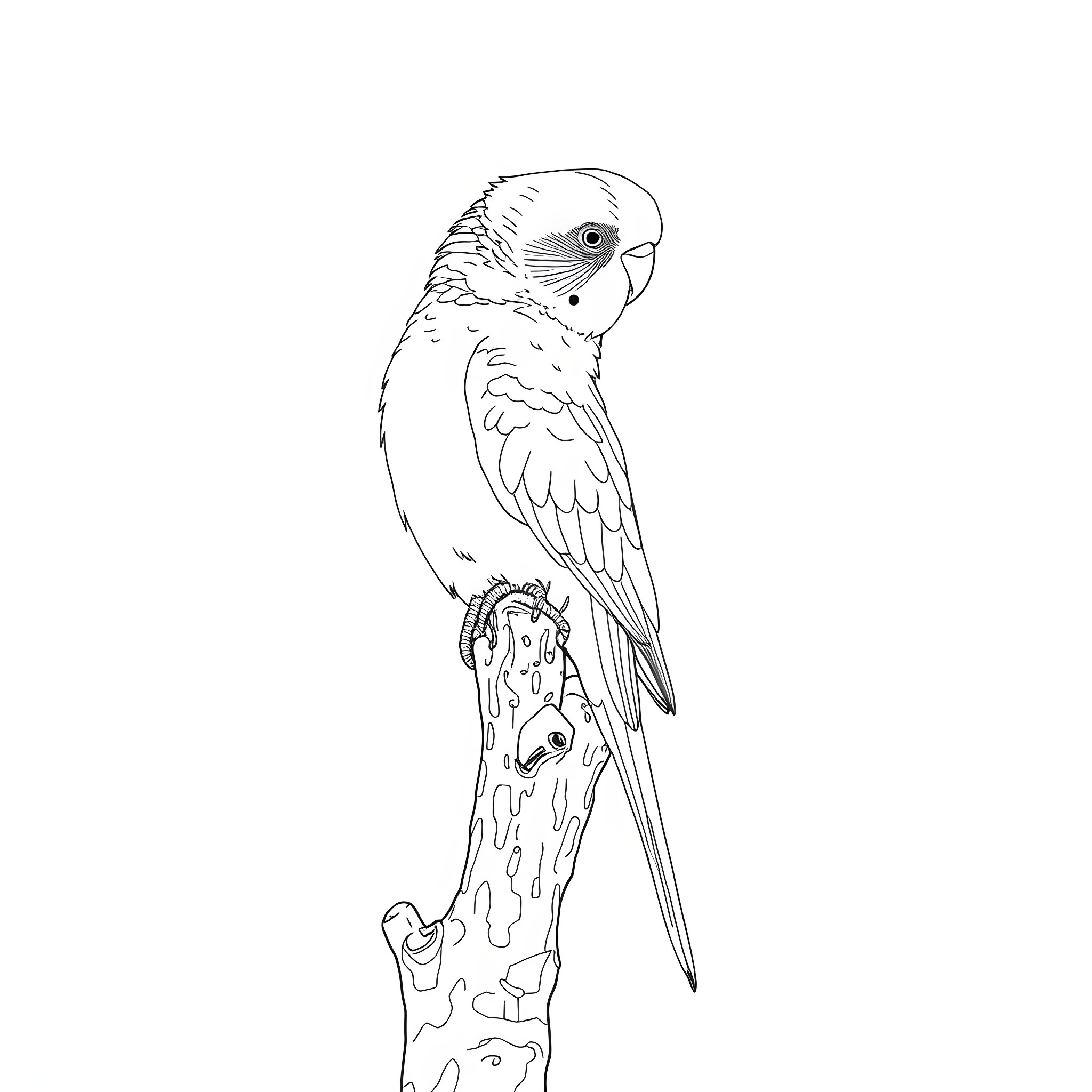 Budgerigar perched on branch Coloring Page (free black-and-white line drawing printable PDF for all, from beginners to advanced learners, including children, teens, adults, and seniors)