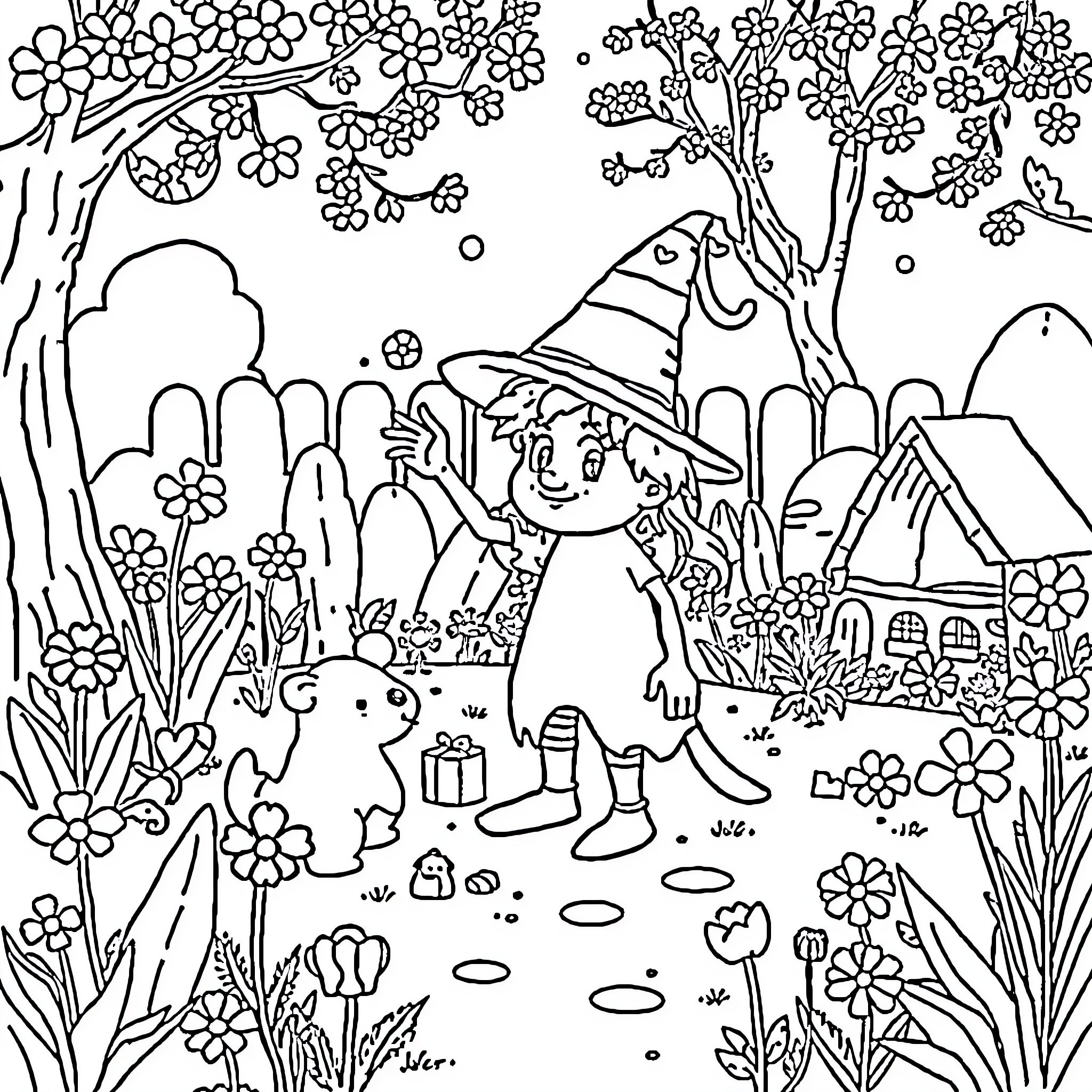 L Undertaker in a Magical Forest Landscape Coloring Page (free black-and-white line drawing printable PDF for all, from beginners to advanced learners, including children, teens, adults, and seniors)