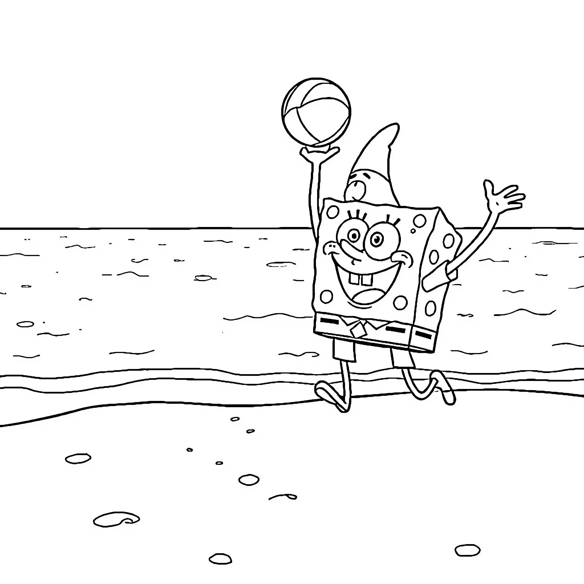 Spongebob joyfully skipping on the beach Coloring Page (free black-and-white line drawing printable PDF for all, from beginners to advanced learners, including children, teens, adults, and seniors)
