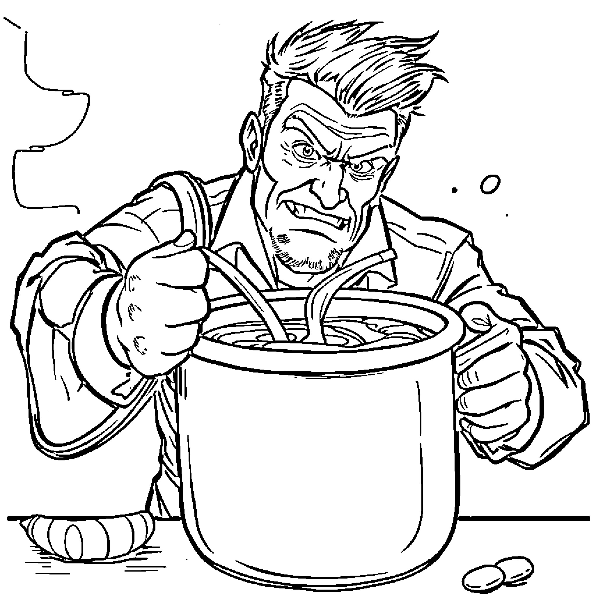 Man cooking in a pot while frowning Coloring Page (free black-and-white line drawing printable PDF for all, from beginners to advanced learners, including children, teens, adults, and seniors)