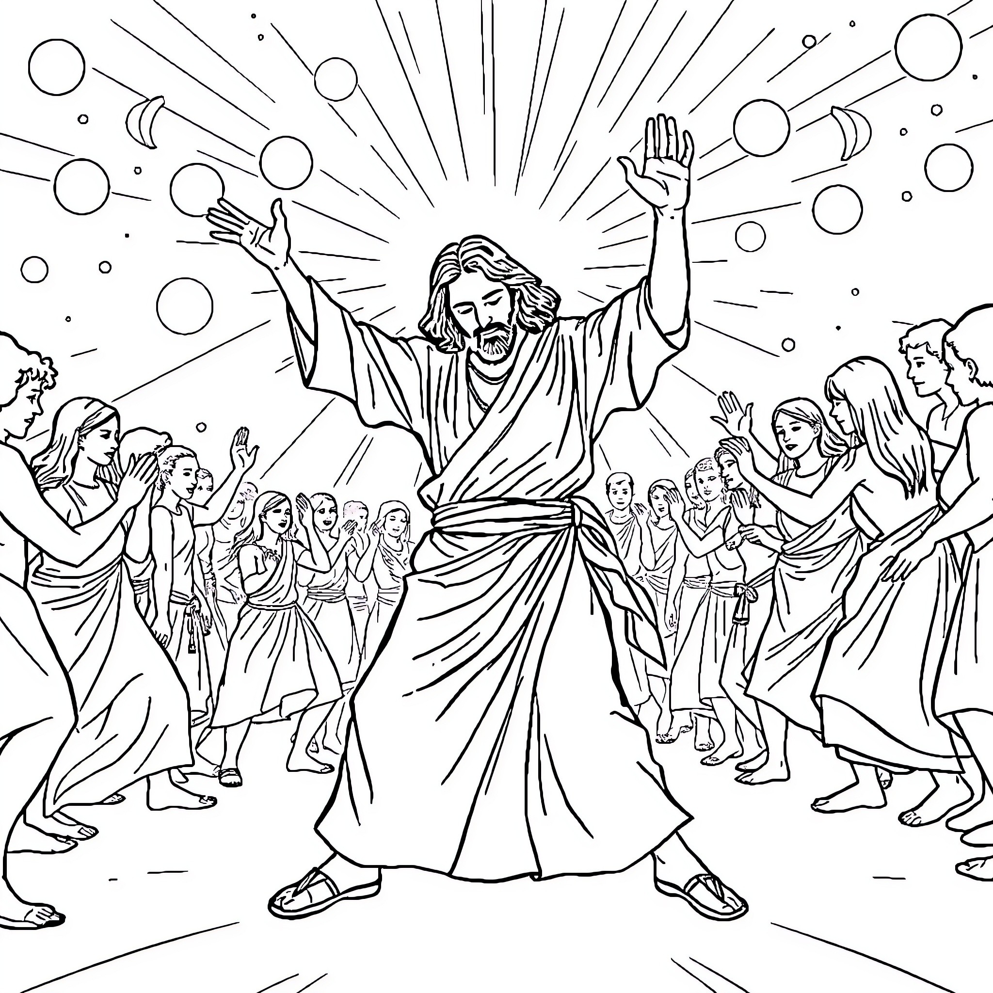 Jesus Blesses the Crowd with Outstretched Arms Coloring Page (free black-and-white line drawing printable PDF for all, from beginners to advanced learners, including children, teens, adults, and seniors)