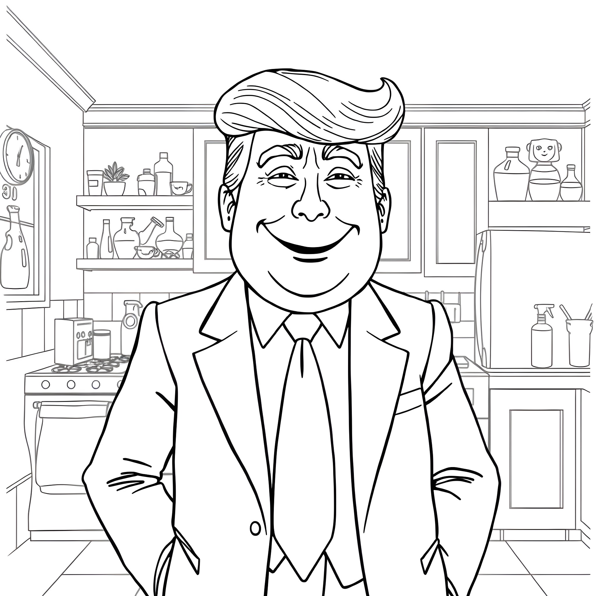 Kool-Aid Man smiling in the kitchen Coloring Page (free black-and-white line drawing printable PDF for all, from beginners to advanced learners, including children, teens, adults, and seniors)