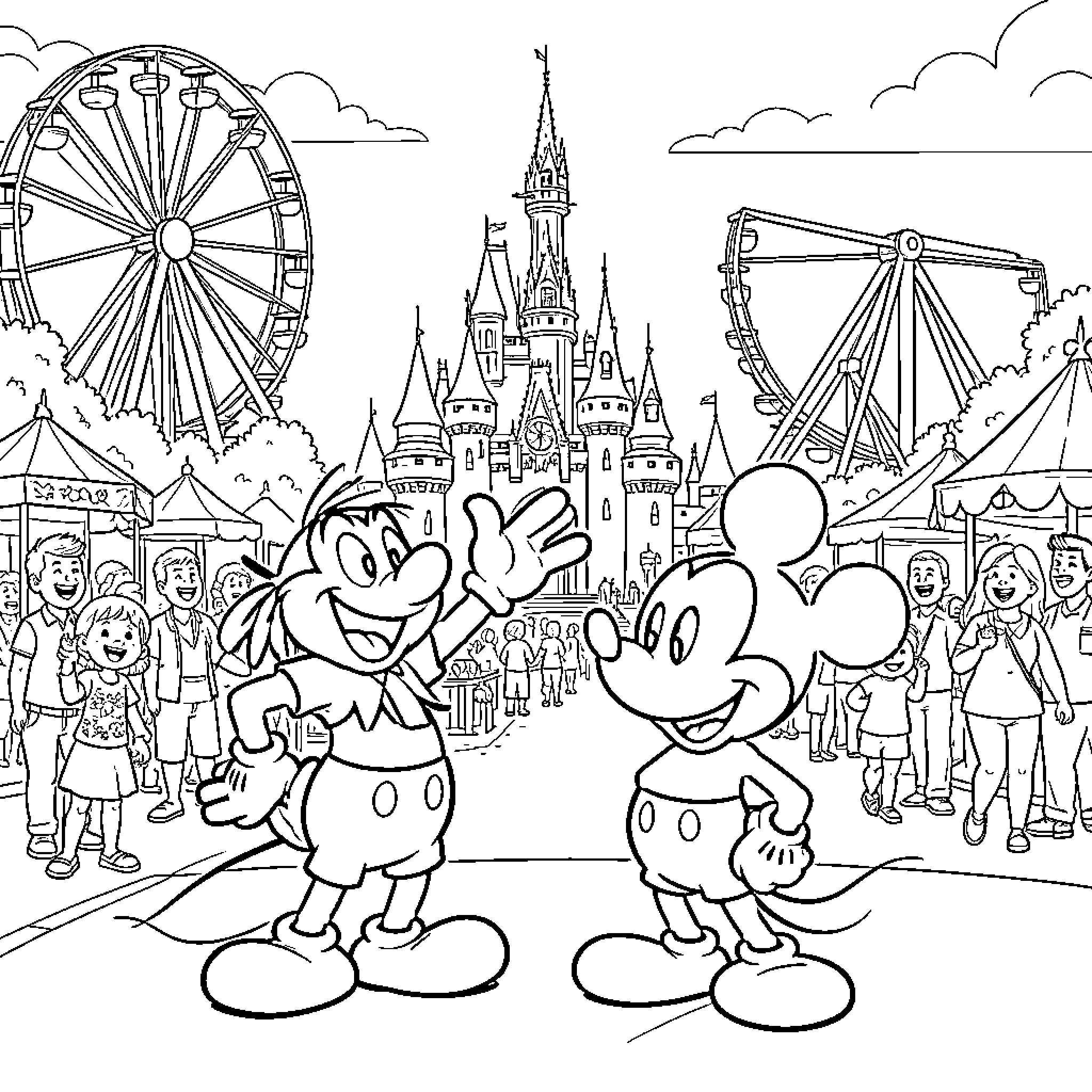 Asterix and Mickey Mouse in a Magical Amusement Park Coloring Page (free black-and-white line drawing printable PDF for all, from beginners to advanced learners, including children, teens, adults, and seniors)