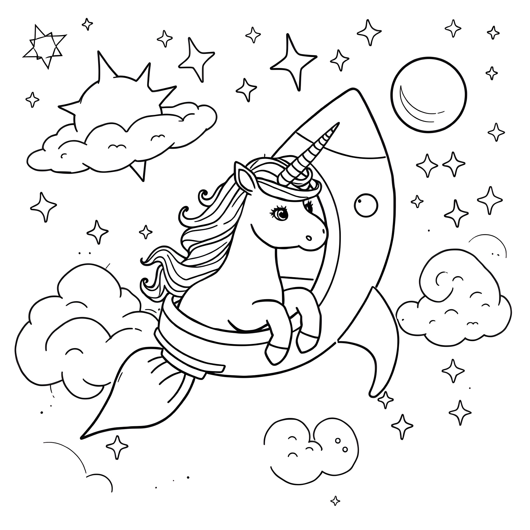 Unicorn flying through a starry night sky Coloring Page (free black-and-white line drawing printable PDF for all, from beginners to advanced learners, including children, teens, adults, and seniors)