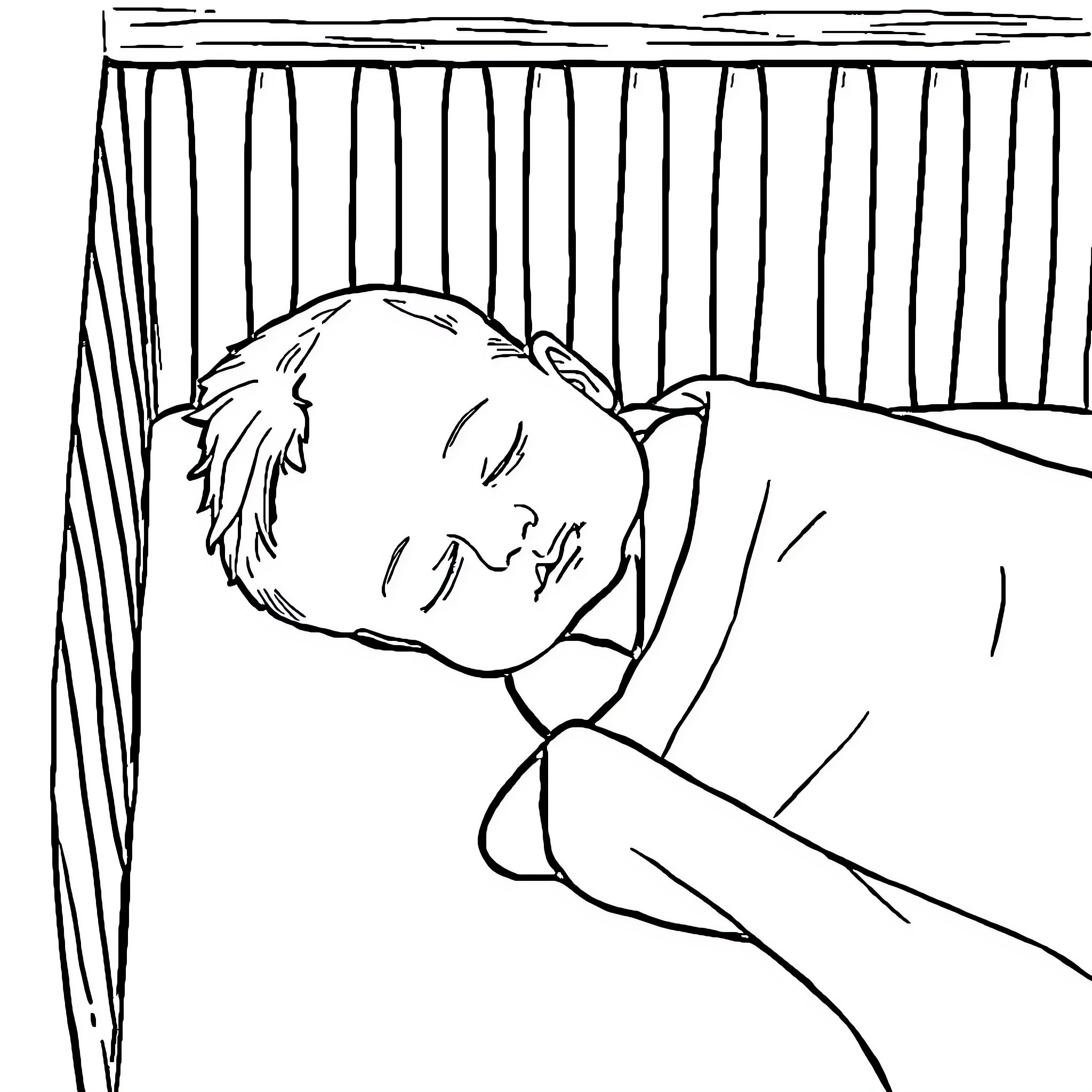 Baby sleeping peacefully in crib Coloring Page (free black-and-white line drawing printable PDF for all, from beginners to advanced learners, including children, teens, adults, and seniors)