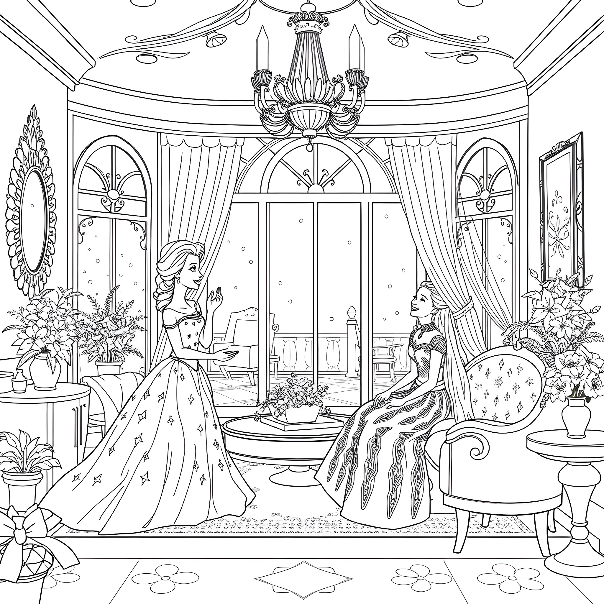 Elsa and Anna's Elegant Ballroom Gathering Coloring Page (free black-and-white line drawing printable PDF for all, from beginners to advanced learners, including children, teens, adults, and seniors)