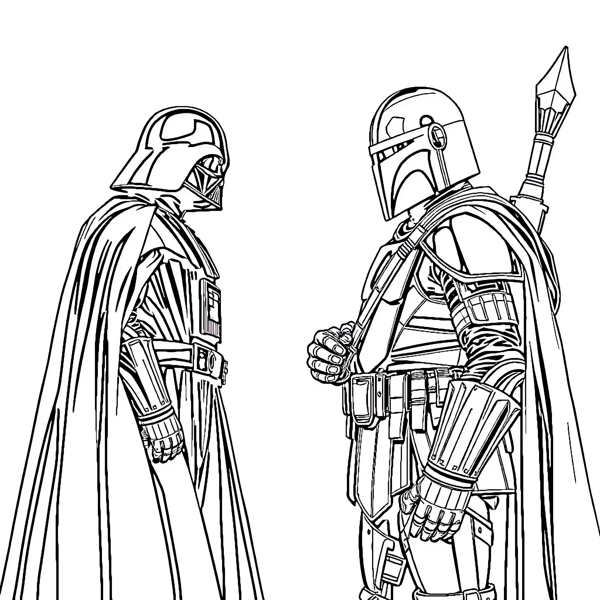 Darth Vader and a Boba Fett-like character in action poses Coloring Page (free black-and-white line drawing printable PDF for all, from beginners to advanced learners, including children, teens, adults, and seniors)