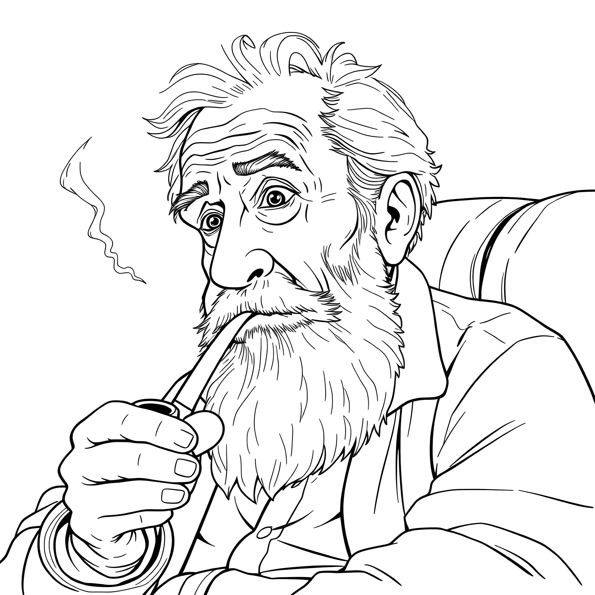 Man with a contemplative expression and long beard Coloring Page (free black-and-white line drawing printable PDF for all, from beginners to advanced learners, including children, teens, adults, and seniors)