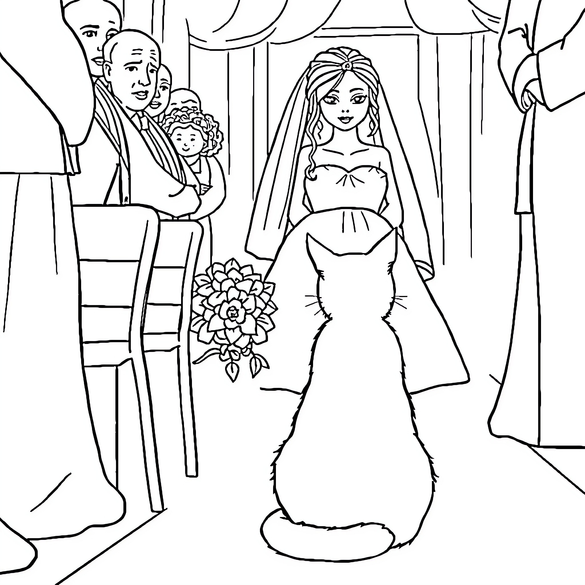 Cat bride in a formal wedding gown Coloring Page (free black-and-white line drawing printable PDF for all, from beginners to advanced learners, including children, teens, adults, and seniors)