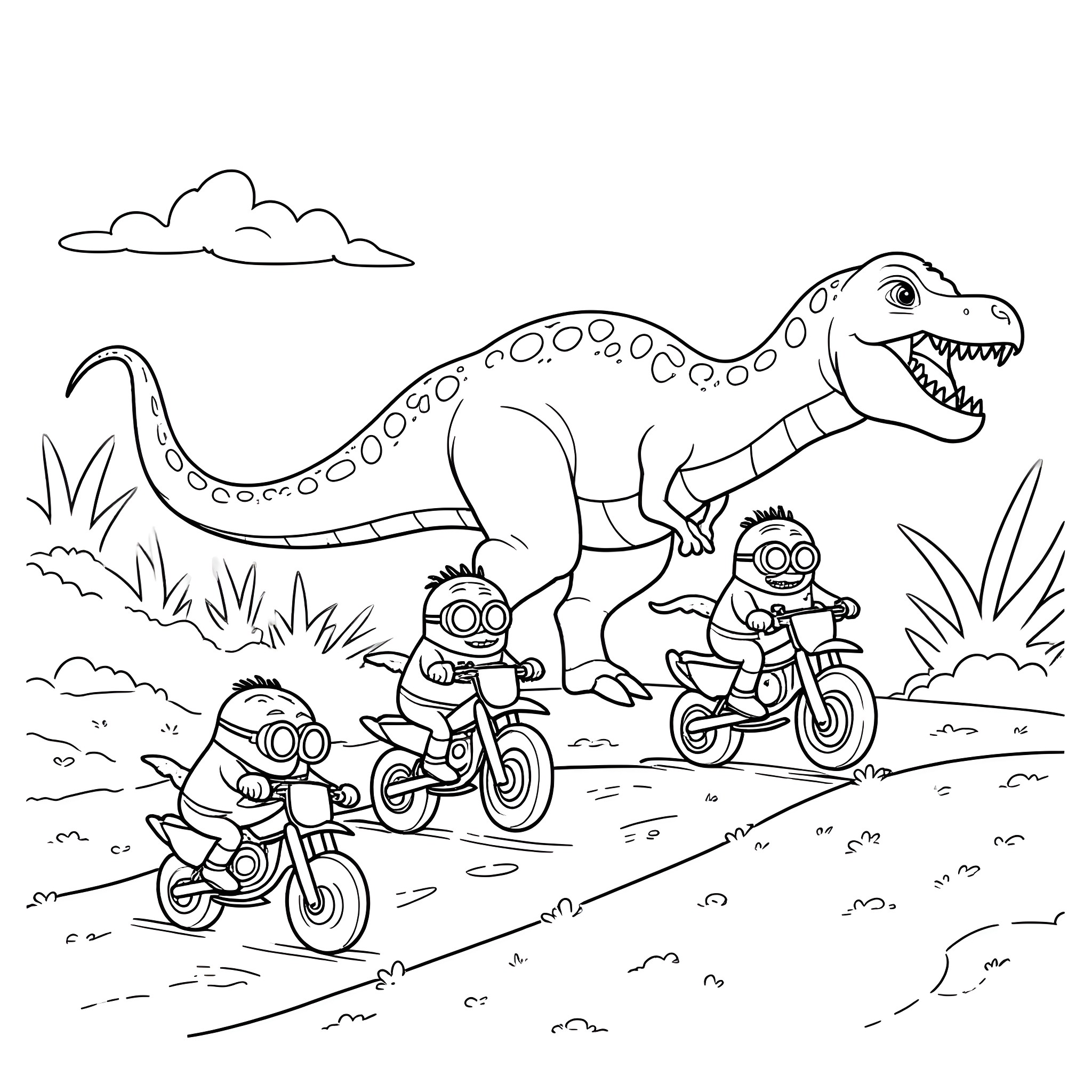 Minion friends riding bikes in a dinosaur-filled landscape Coloring Page (free black-and-white line drawing printable PDF for all, from beginners to advanced learners, including children, teens, adults, and seniors)