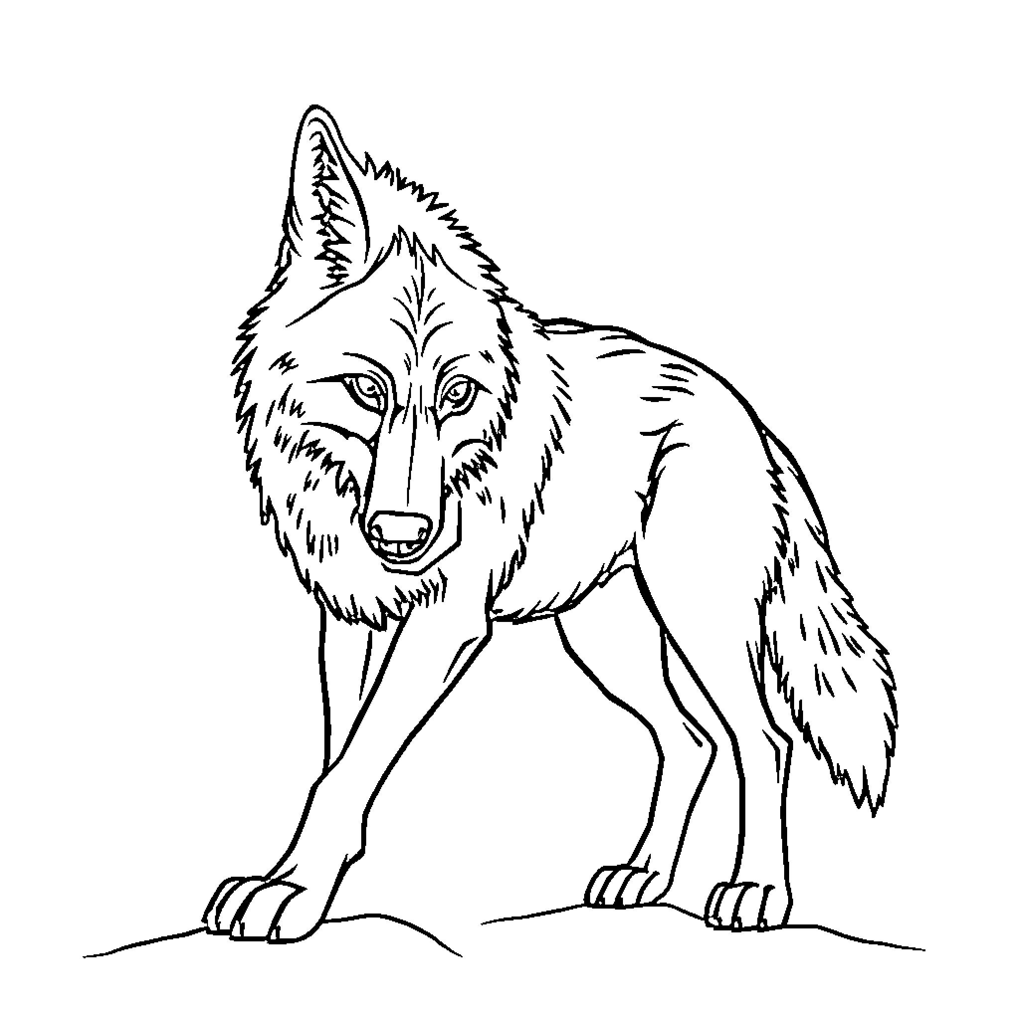 Wolf standing alert in nature Coloring Page (free black-and-white line drawing printable PDF for all, from beginners to advanced learners, including children, teens, adults, and seniors)