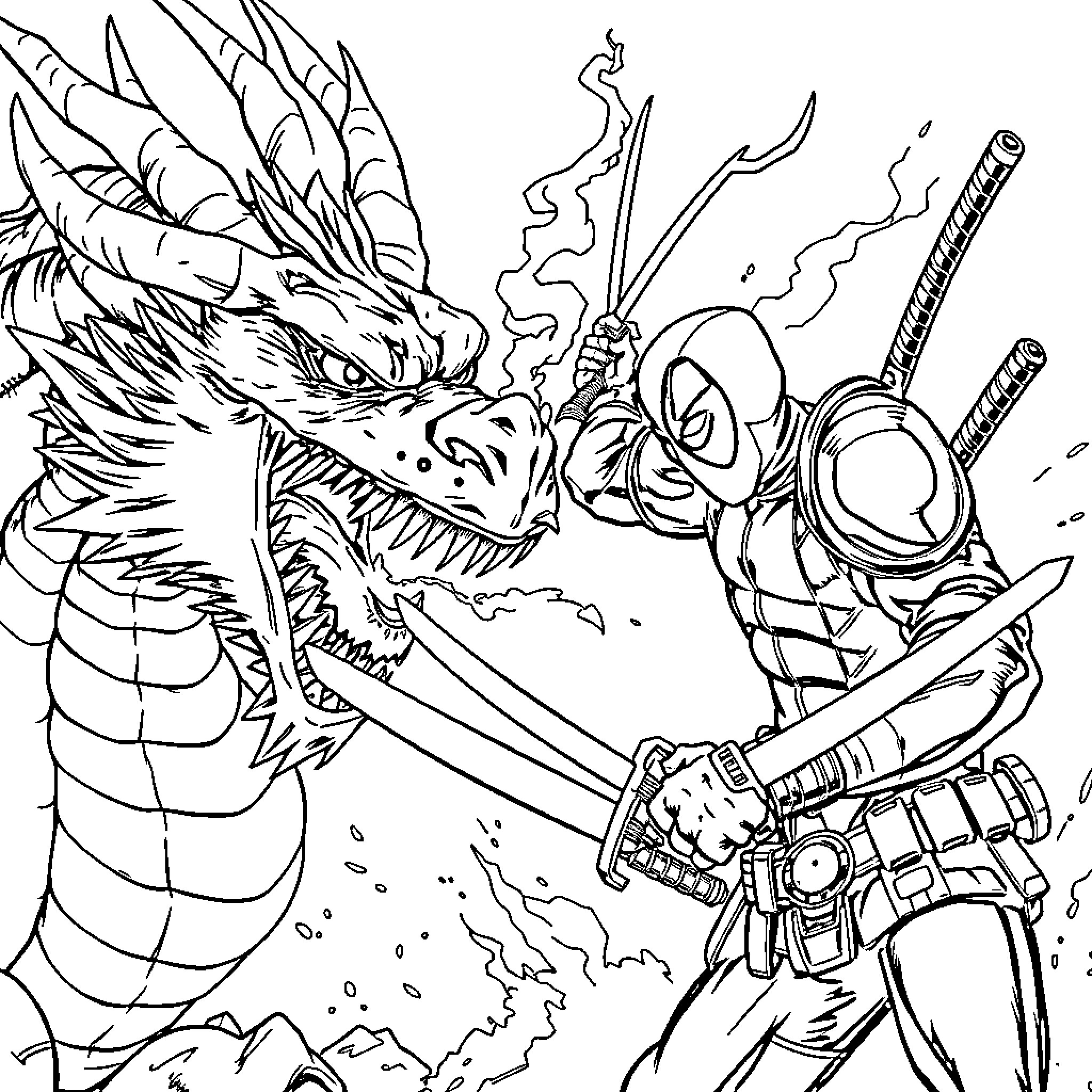 Dragon Warrior Battles Fierce Mythical Beast Coloring Page (free black-and-white line drawing printable PDF for all, from beginners to advanced learners, including children, teens, adults, and seniors)