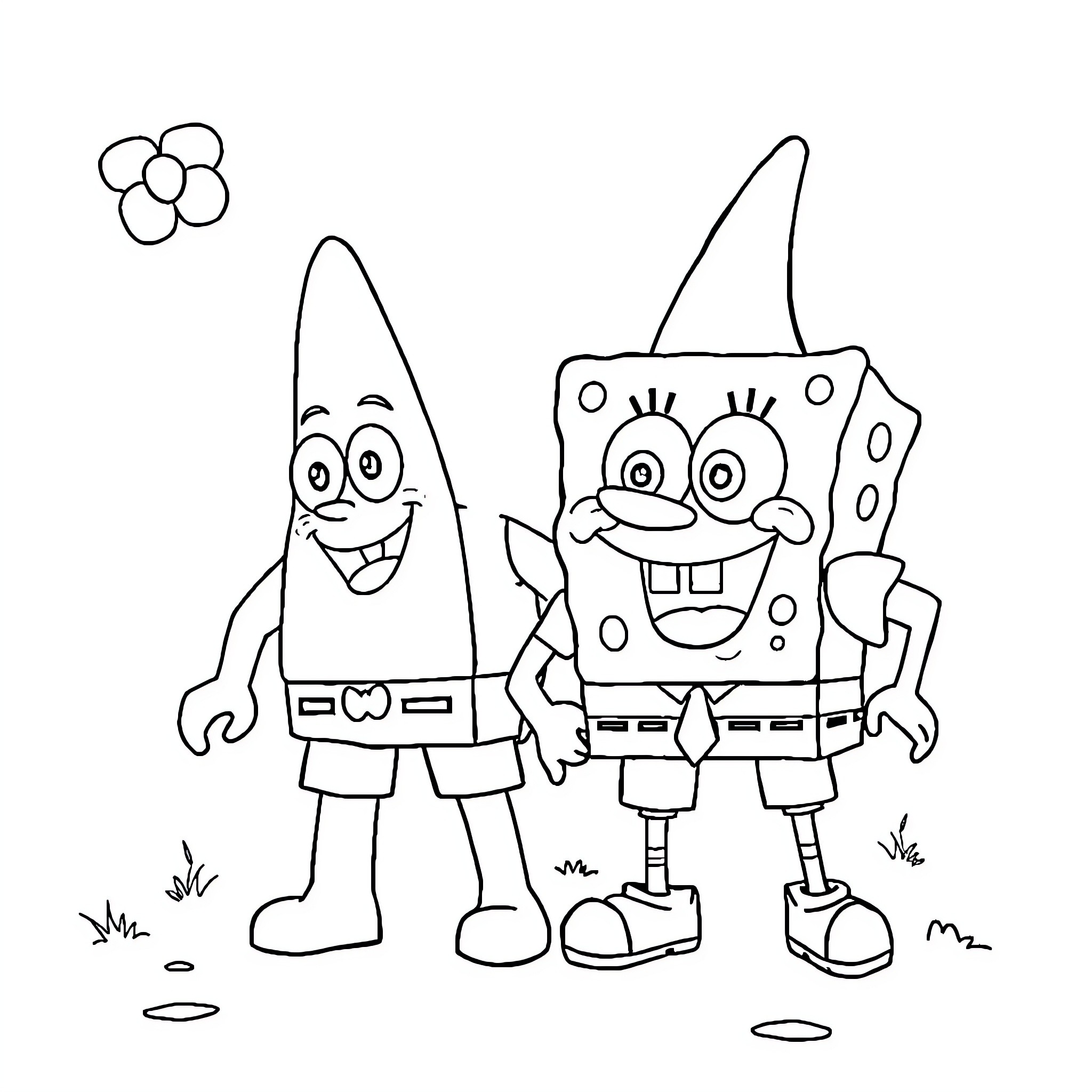 Spongebob and Patrick having fun outdoors Coloring Page (free black-and-white line drawing printable PDF for all, from beginners to advanced learners, including children, teens, adults, and seniors)