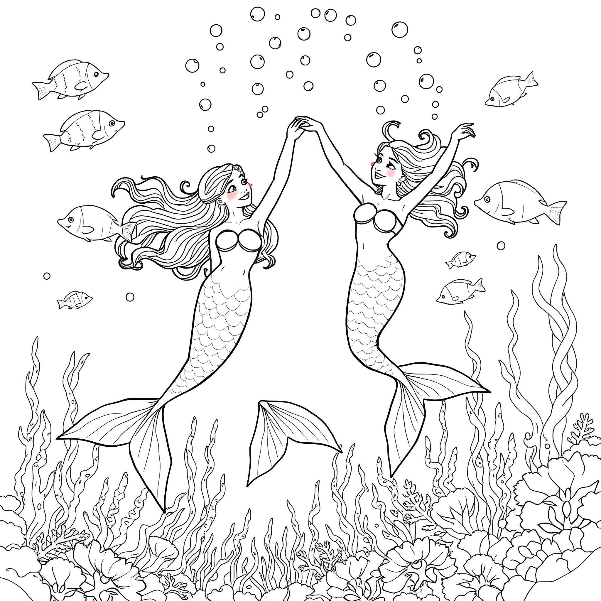 Mermaid mermaids dancing underwater with sea creatures Coloring Page (free black-and-white line drawing printable PDF for all, from beginners to advanced learners, including children, teens, adults, and seniors)