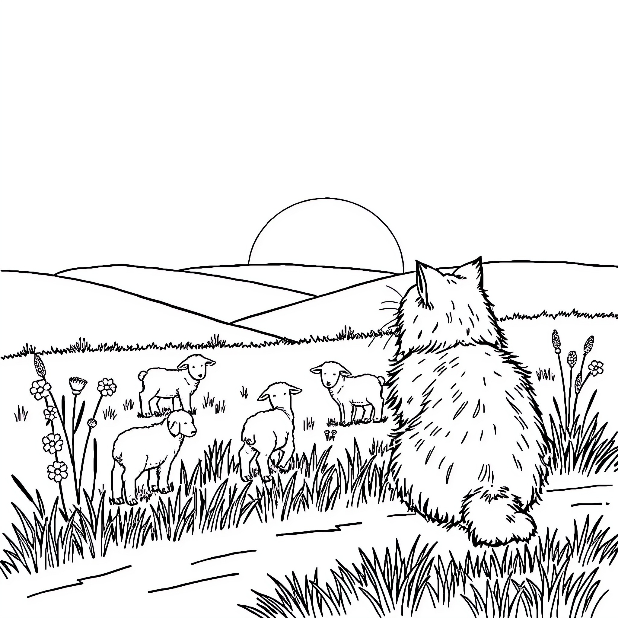 Cat observing flock of sheep in pastoral landscape Coloring Page (free black-and-white line drawing printable PDF for all, from beginners to advanced learners, including children, teens, adults, and seniors)