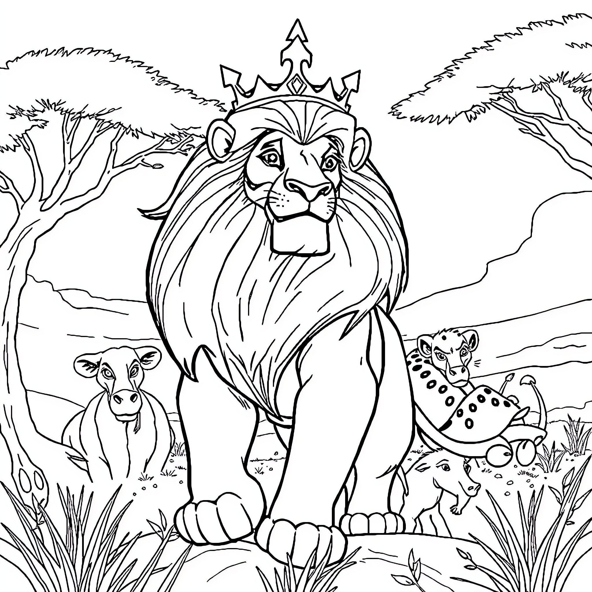 Lion King presiding over his animal kingdom domain Coloring Page (free black-and-white line drawing printable PDF for all, from beginners to advanced learners, including children, teens, adults, and seniors)