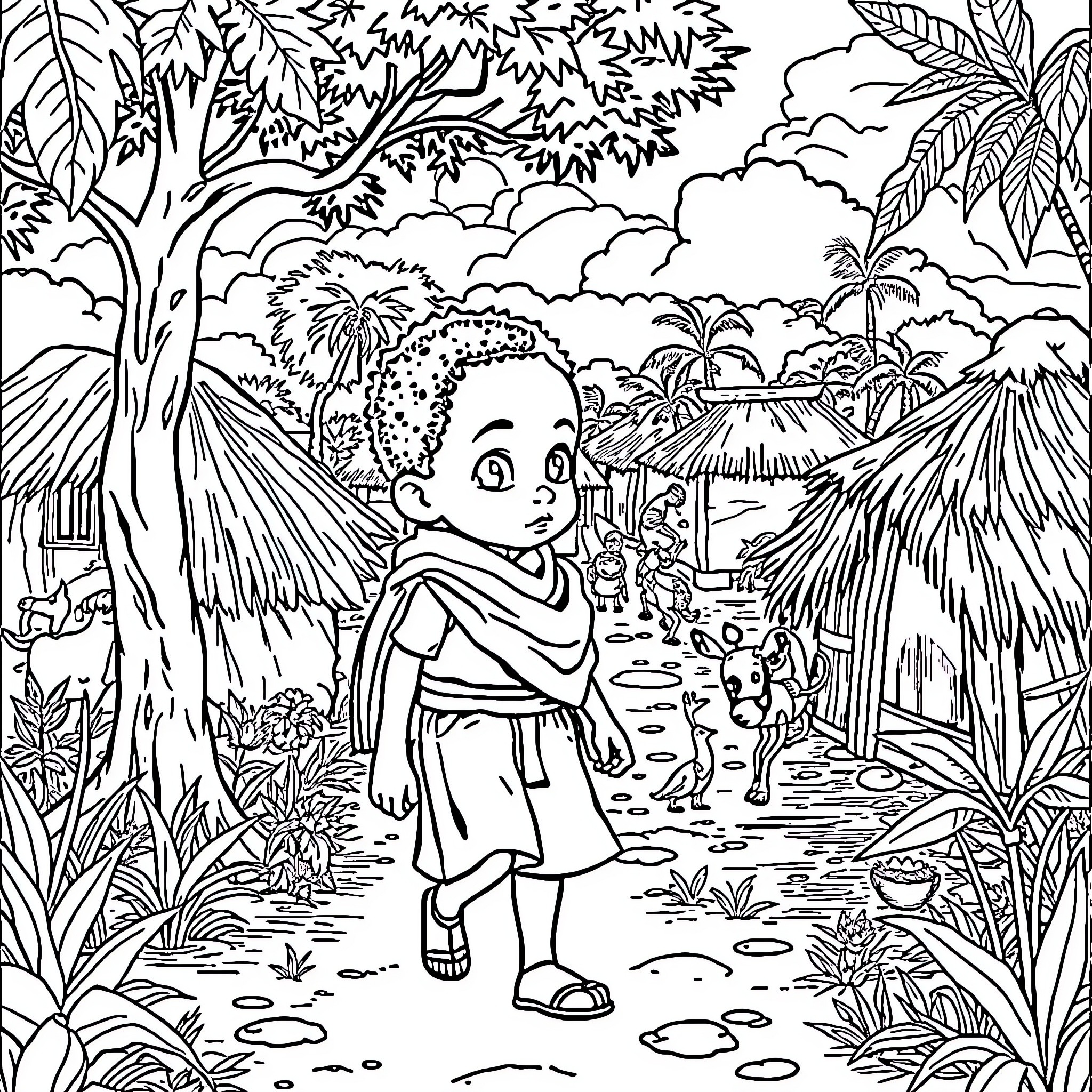 Kirikou exploring the lush jungle landscape Coloring Page (free black-and-white line drawing printable PDF for all, from beginners to advanced learners, including children, teens, adults, and seniors)