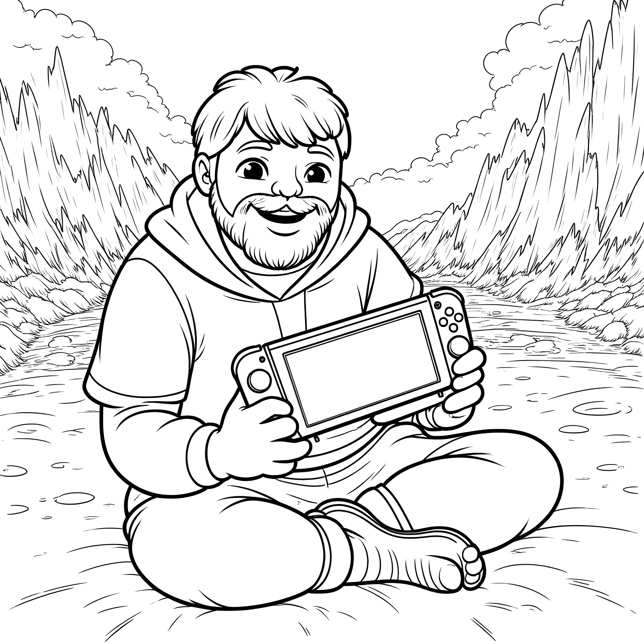 Jack Black enjoying his video game in nature Coloring Page (free black-and-white line drawing printable PDF for all, from beginners to advanced learners, including children, teens, adults, and seniors)