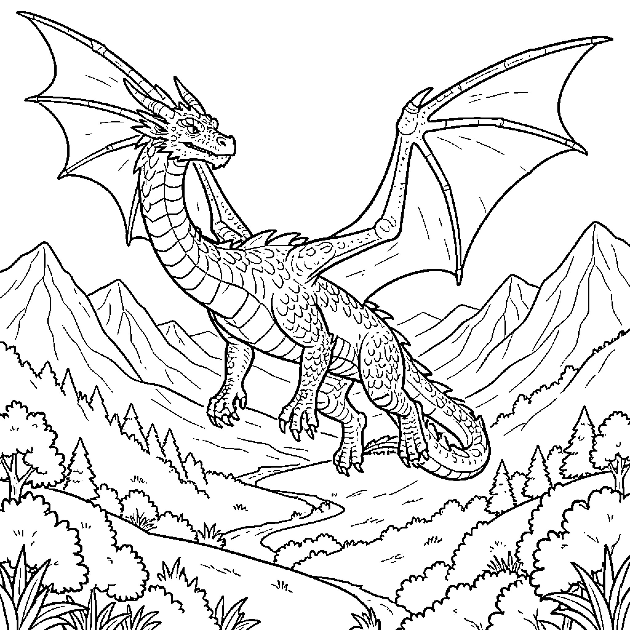 Dragon flying majestically over the mountain landscape Coloring Page (free black-and-white line drawing printable PDF for all, from beginners to advanced learners, including children, teens, adults, and seniors)