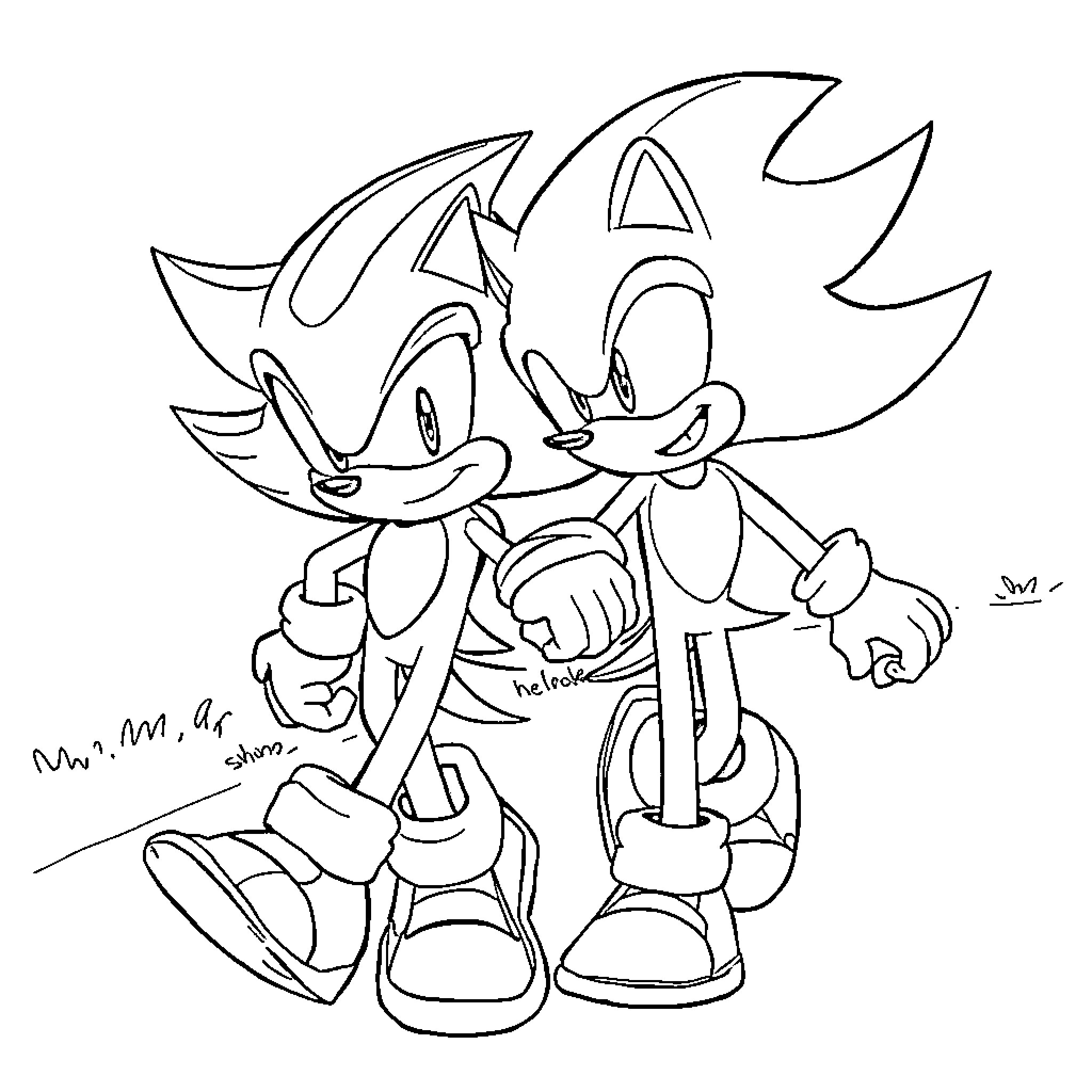 Shadow and Sonic Playfully Running Together Coloring Page (free black-and-white line drawing printable PDF for all, from beginners to advanced learners, including children, teens, adults, and seniors)