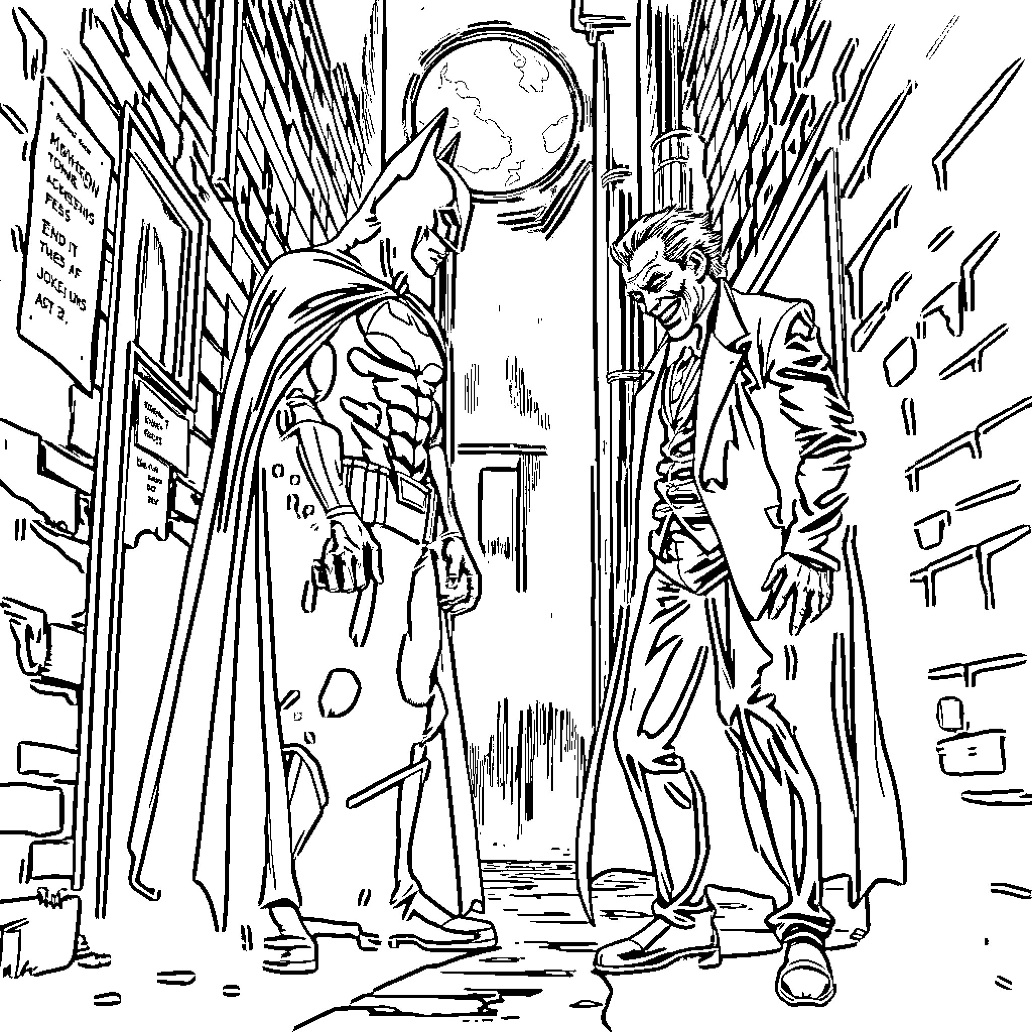 Batman confronting the Joker in a dark city alley Coloring Page (free black-and-white line drawing printable PDF for all, from beginners to advanced learners, including children, teens, adults, and seniors)