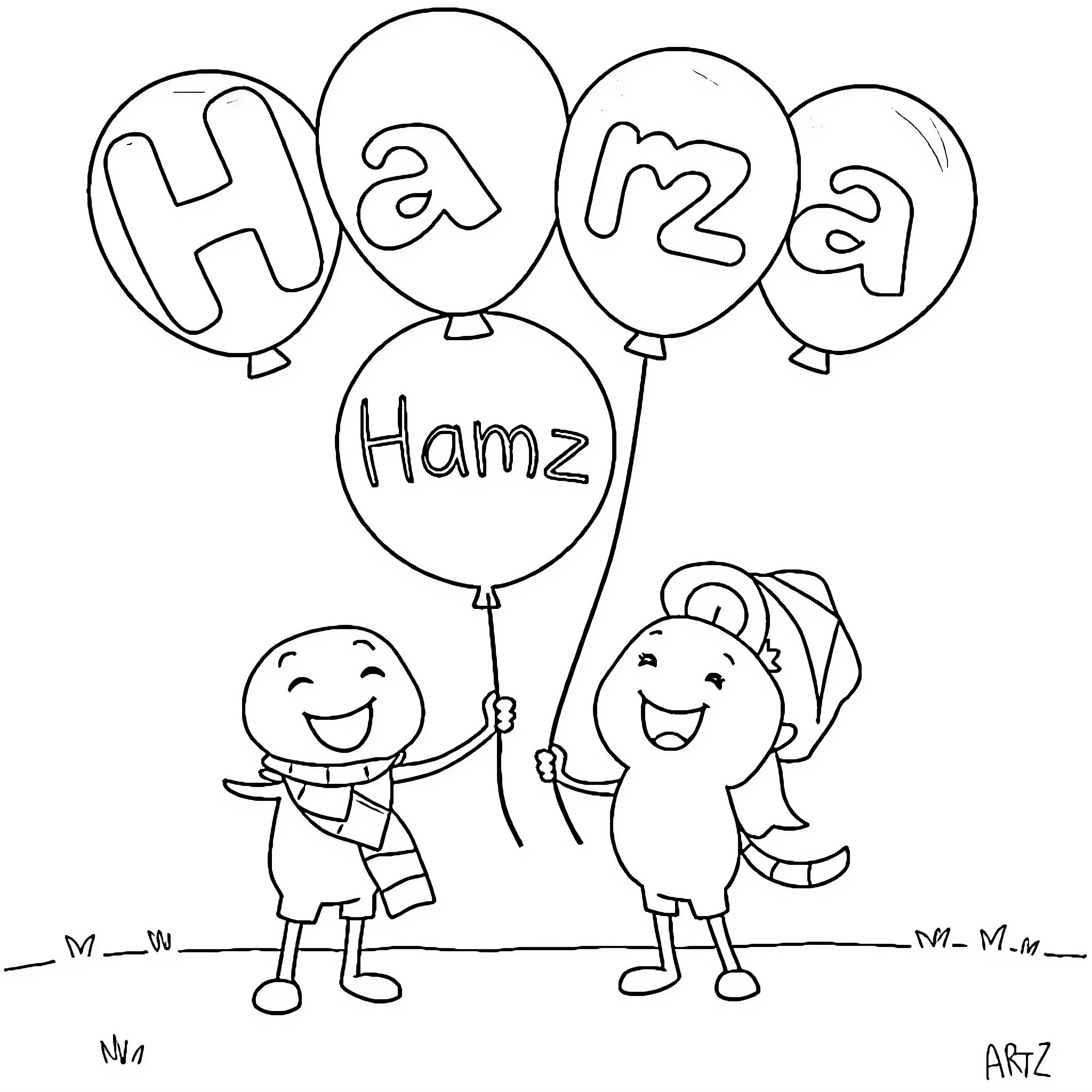 Bluey and friends with balloons spelling out names Coloring Page (free black-and-white line drawing printable PDF for all, from beginners to advanced learners, including children, teens, adults, and seniors)