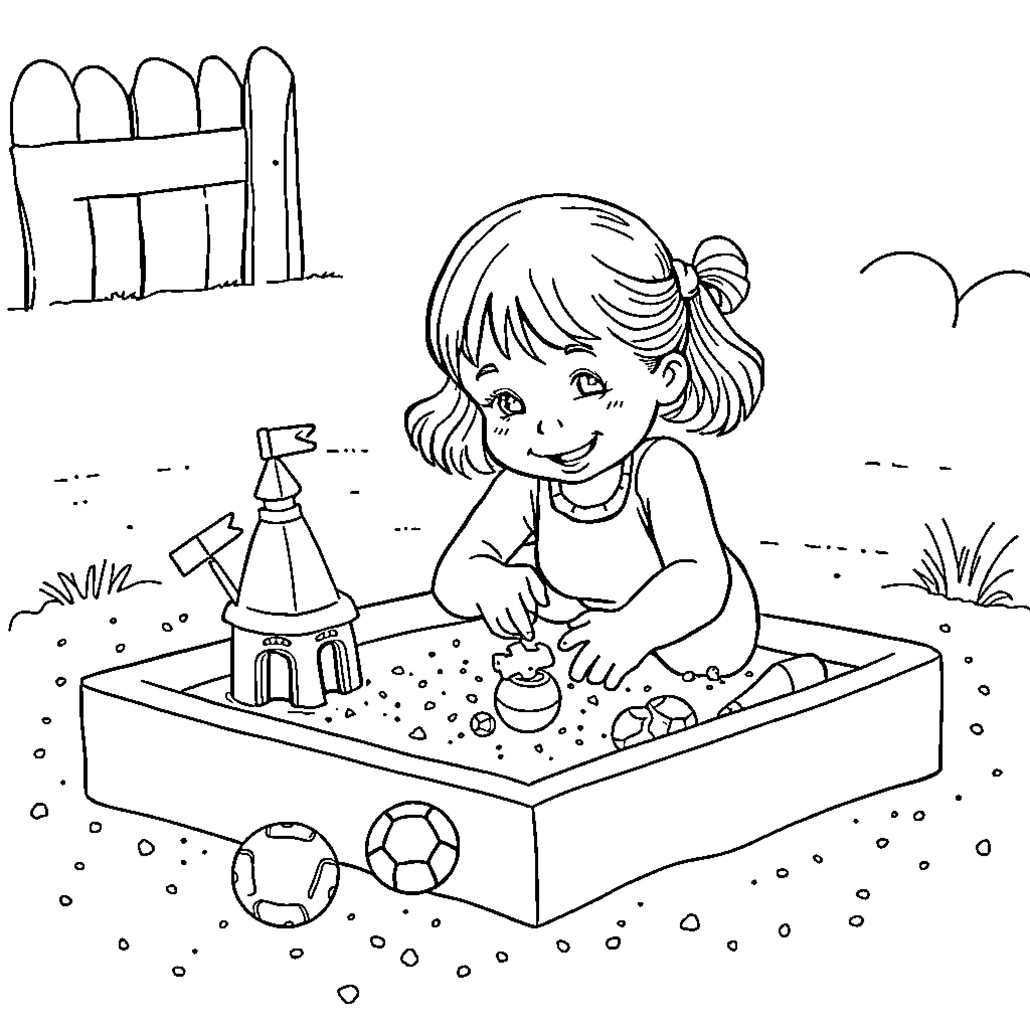 Girl playing happily with toys in the sandbox Coloring Page (free black-and-white line drawing printable PDF for all, from beginners to advanced learners, including children, teens, adults, and seniors)