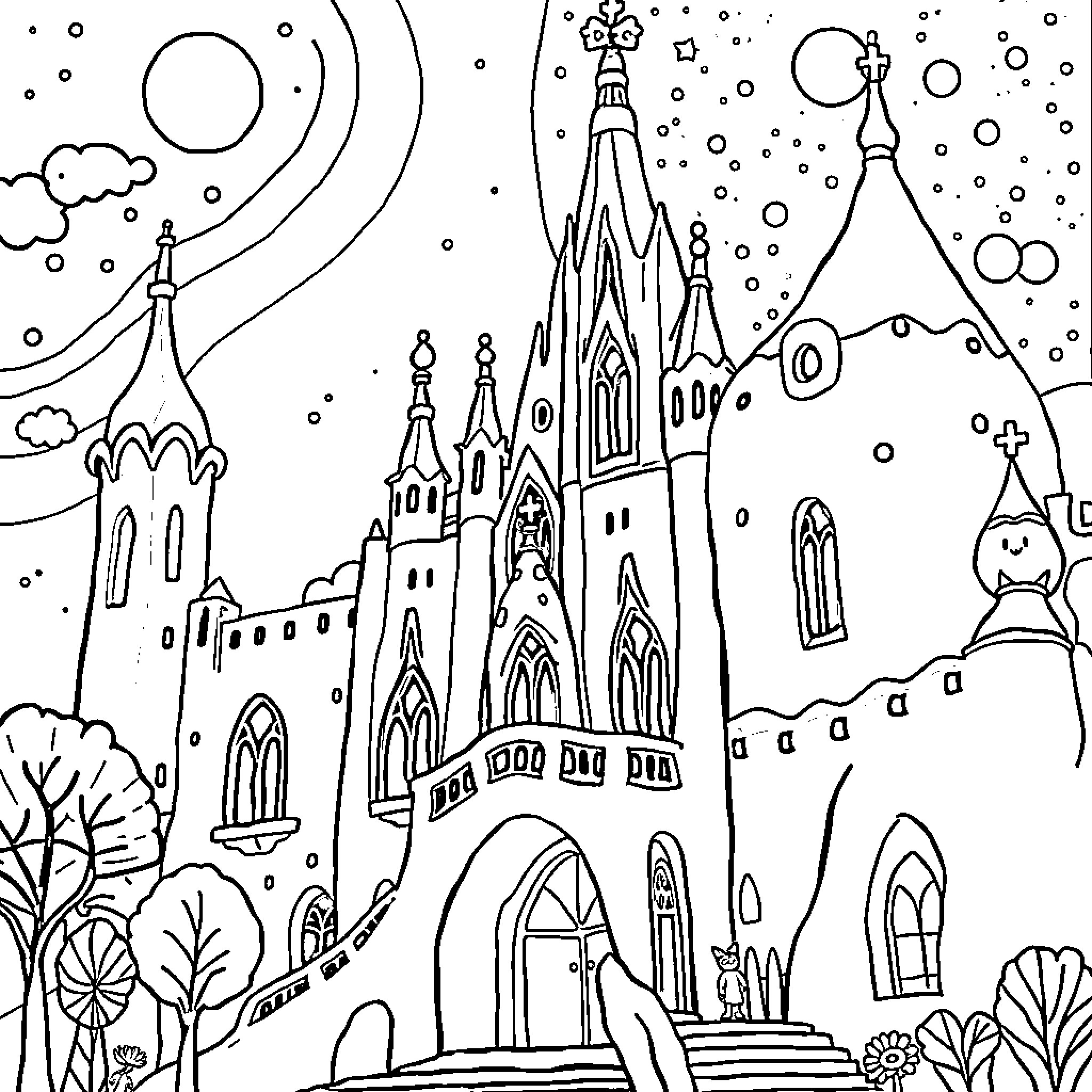 Meme of a Whimsical Gothic Cathedral Scene Coloring Page (free black-and-white line drawing printable PDF for all, from beginners to advanced learners, including children, teens, adults, and seniors)