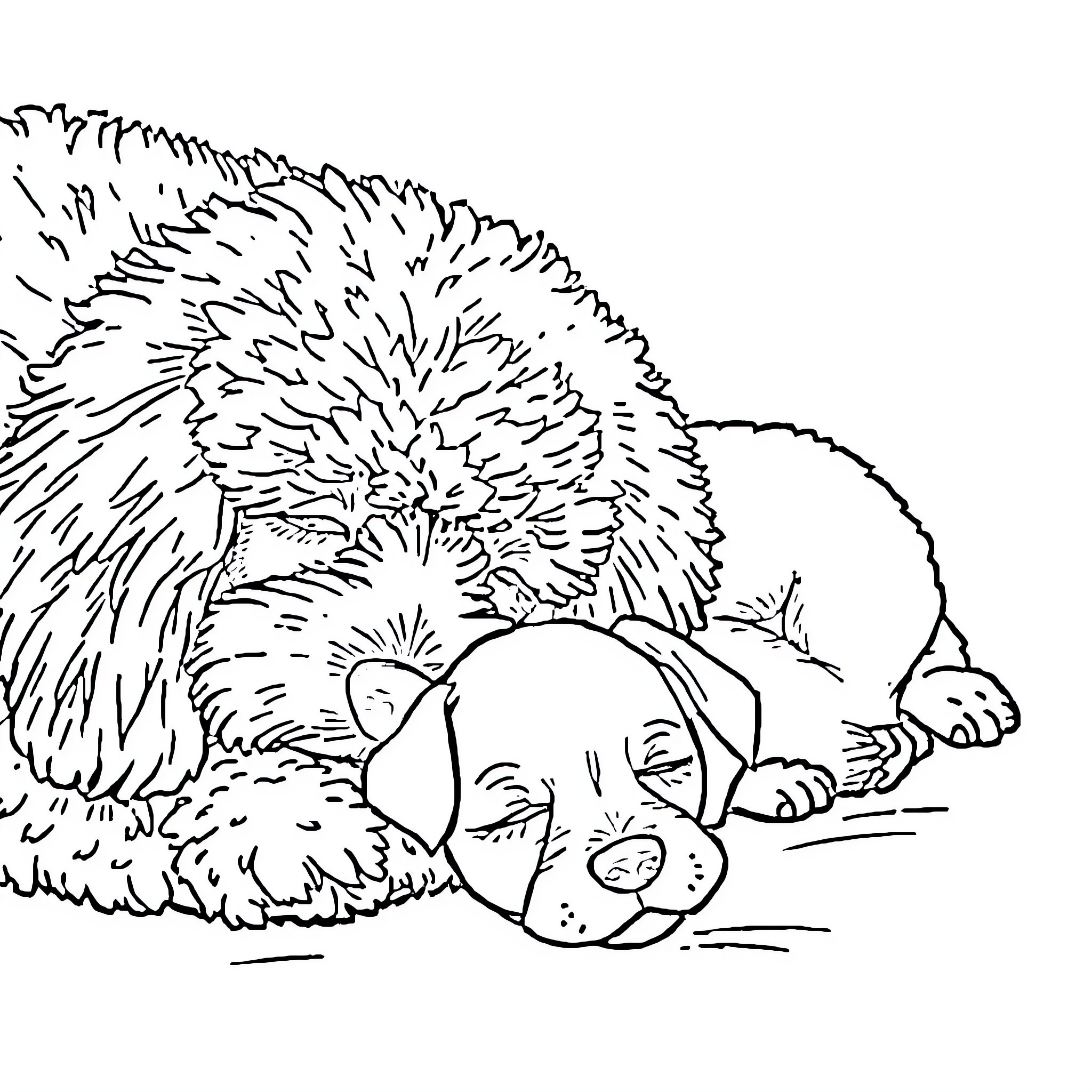Poodle resting peacefully in the grass Coloring Page (free black-and-white line drawing printable PDF for all, from beginners to advanced learners, including children, teens, adults, and seniors)