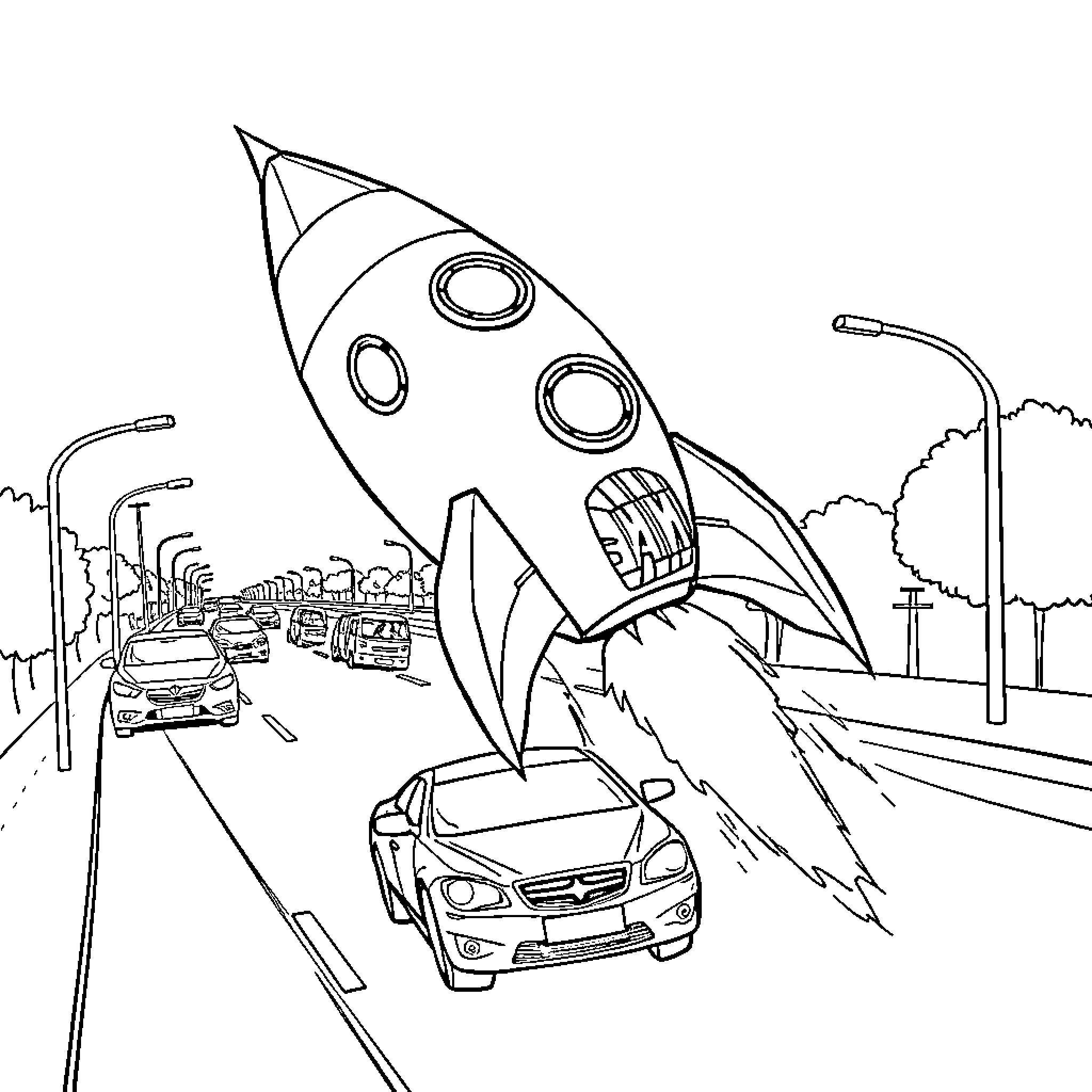 Rocketship blasting off in futuristic cityscape Coloring Page (free black-and-white line drawing printable PDF for all, from beginners to advanced learners, including children, teens, adults, and seniors)
