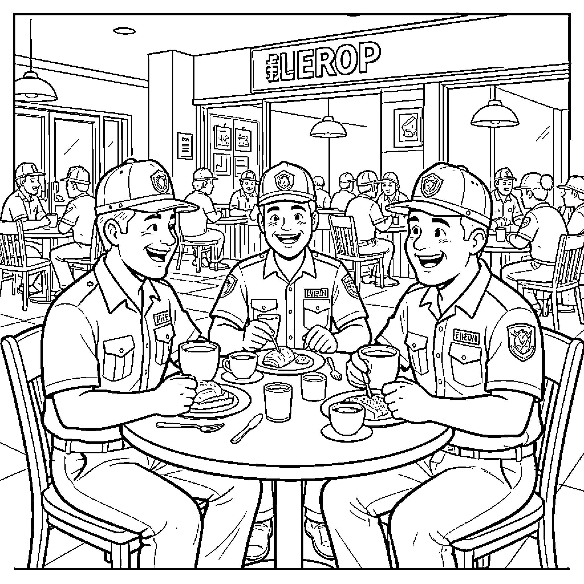 Fire Inspector sitting at a cafe table with colleagues Coloring Page (free black-and-white line drawing printable PDF for all, from beginners to advanced learners, including children, teens, adults, and seniors)