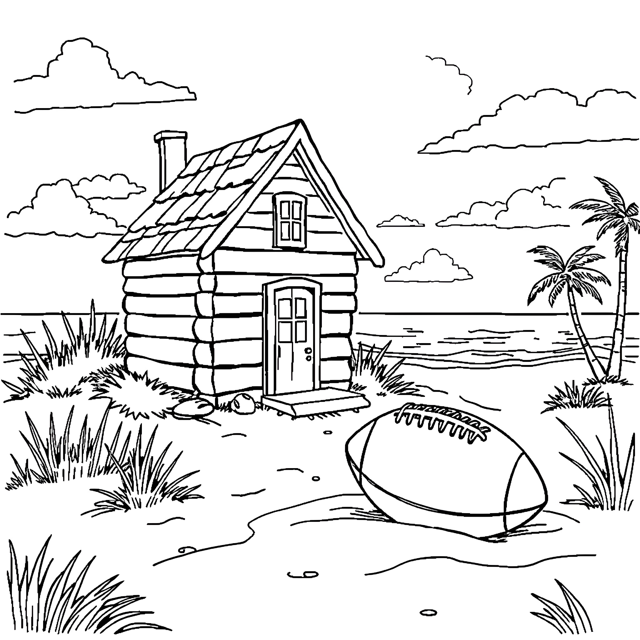 House on a Tropical Beach with Football Coloring Page (free black-and-white line drawing printable PDF for all, from beginners to advanced learners, including children, teens, adults, and seniors)