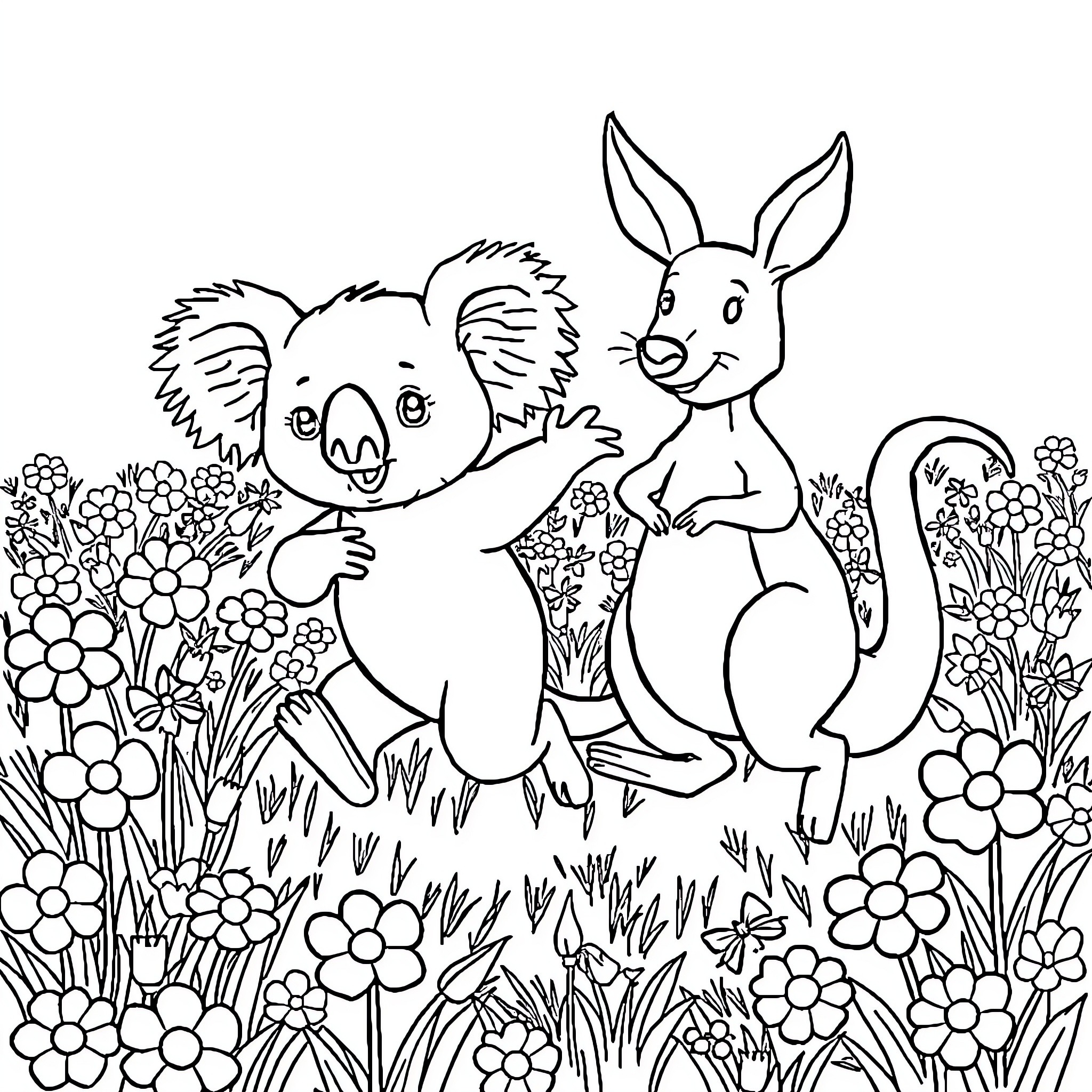 Koala and Rabbit in Floral Garden Coloring Page (free black-and-white line drawing printable PDF for all, from beginners to advanced learners, including children, teens, adults, and seniors)