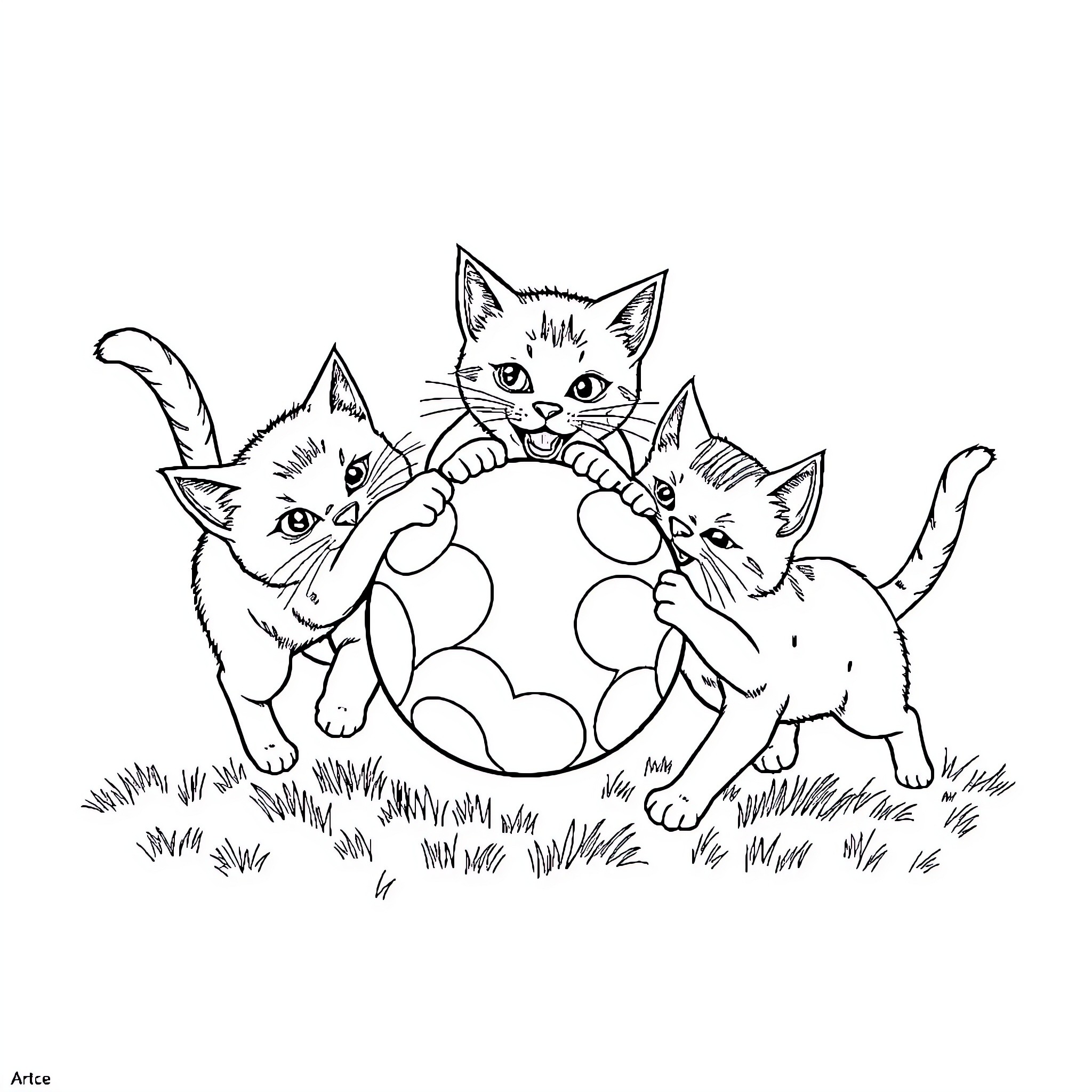 Cat kittens playing with bubble ball in the grass Coloring Page (free black-and-white line drawing printable PDF for all, from beginners to advanced learners, including children, teens, adults, and seniors)